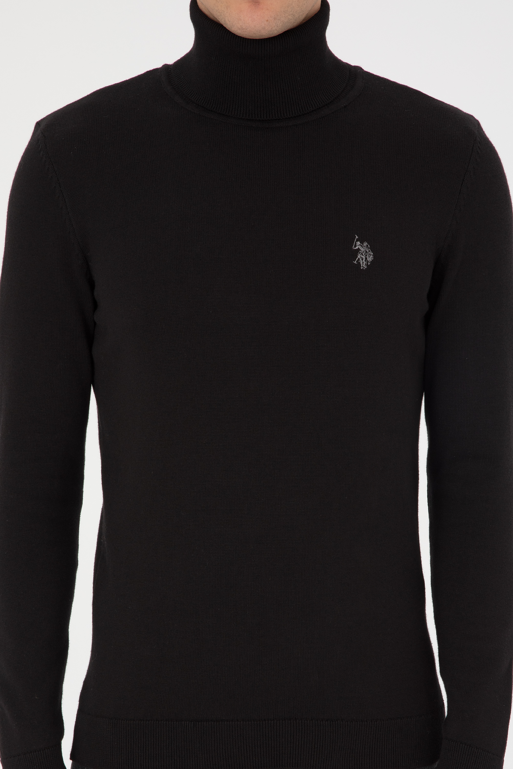 Erkek Slim Fit Boğazlı Siyah Basic Kazak - Image 6