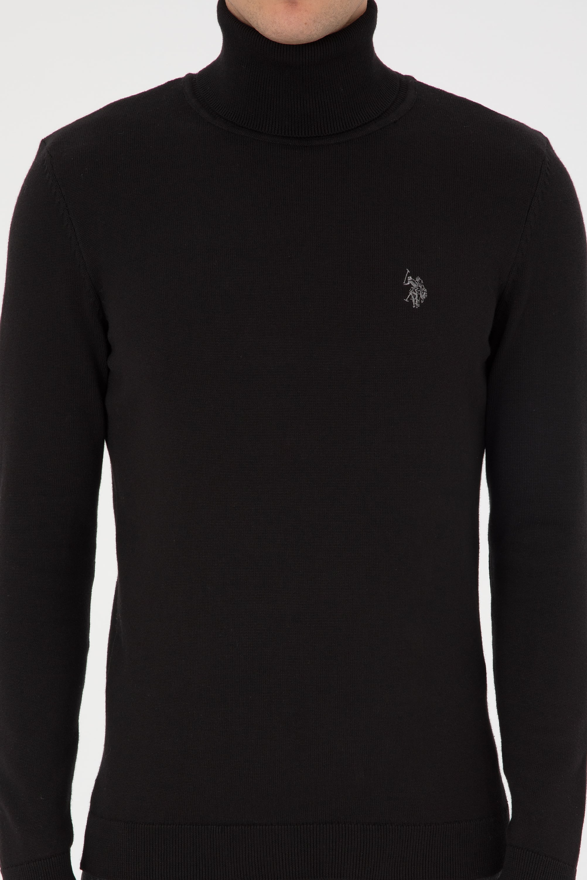 Erkek Slim Fit Boğazlı Siyah Basic Kazak
