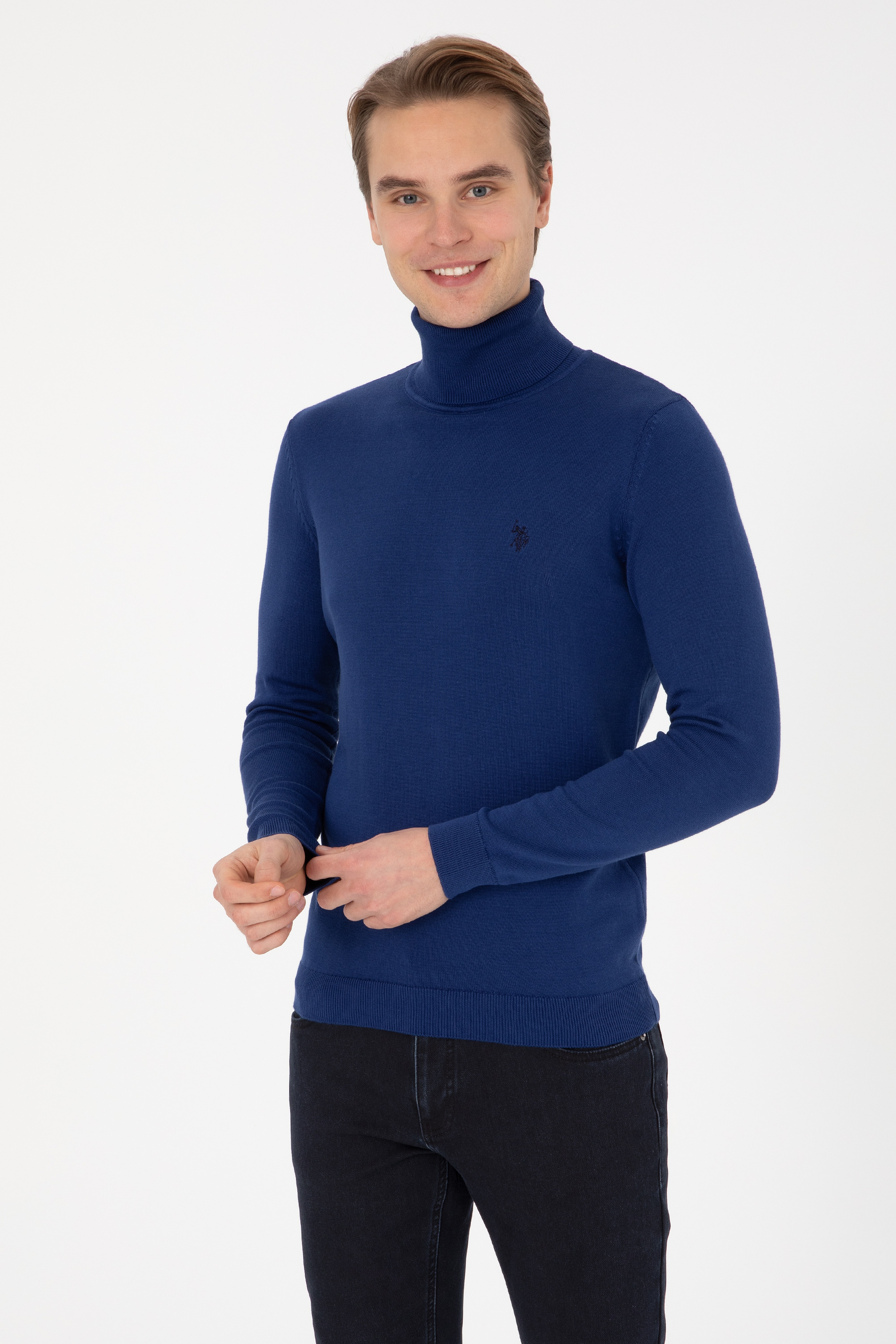 Erkek Slim Fit Boğazlı İndigo Basic Kazak