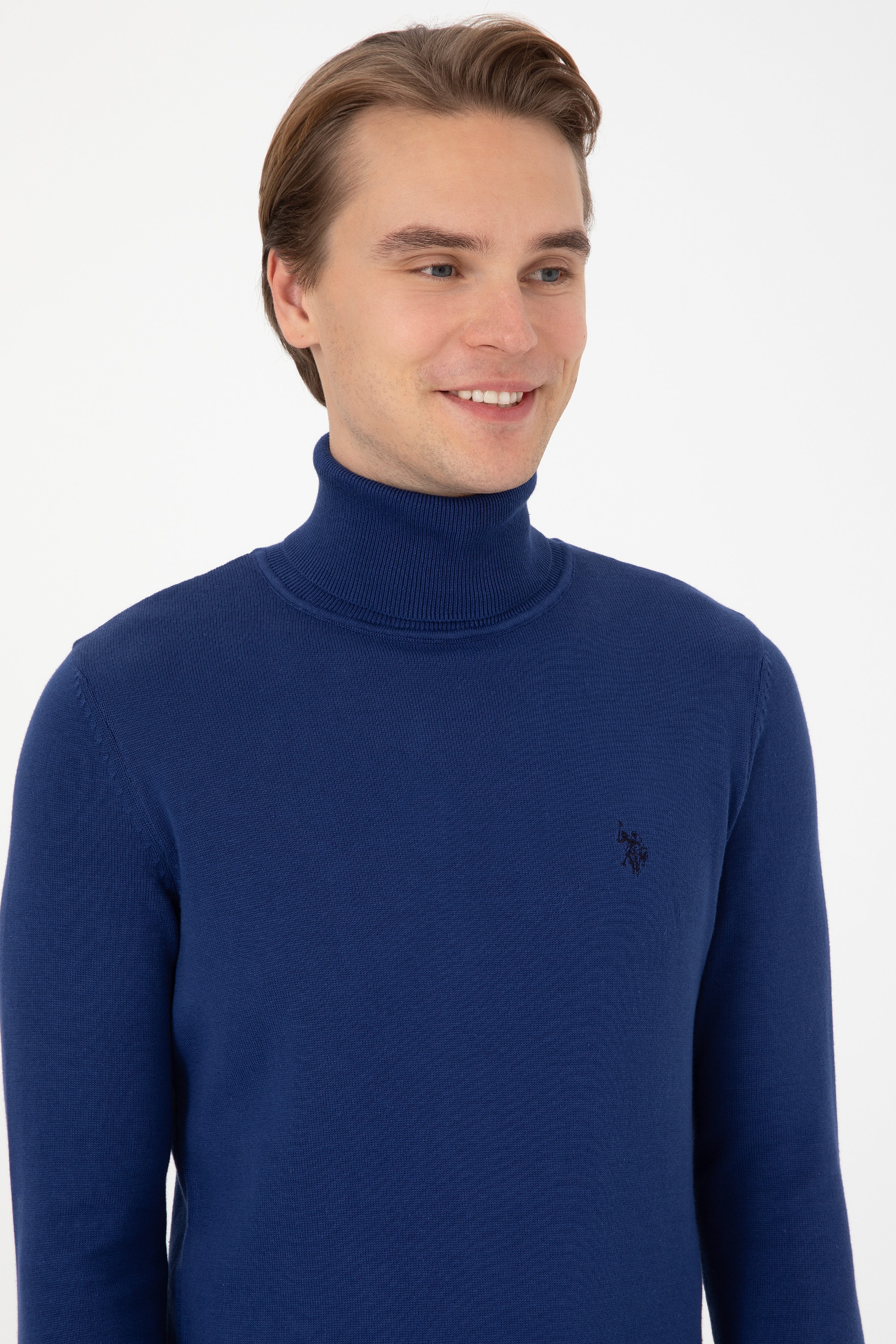 Erkek Slim Fit Boğazlı İndigo Basic Kazak - Image 2