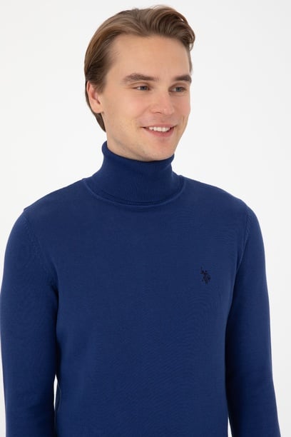 Erkek Slim Fit Boğazlı İndigo Basic Kazak