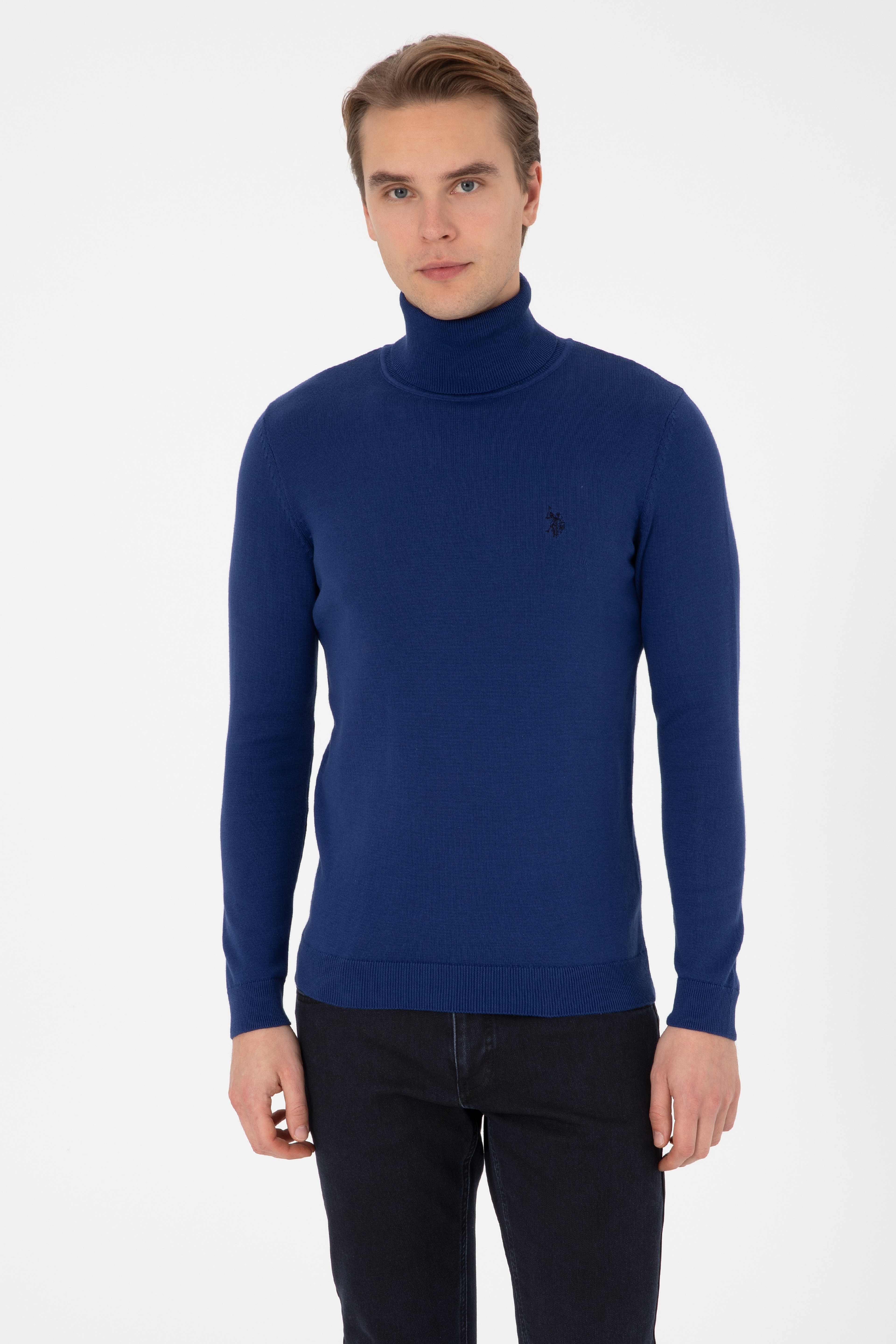 Erkek Slim Fit Boğazlı İndigo Basic Kazak - Image 1