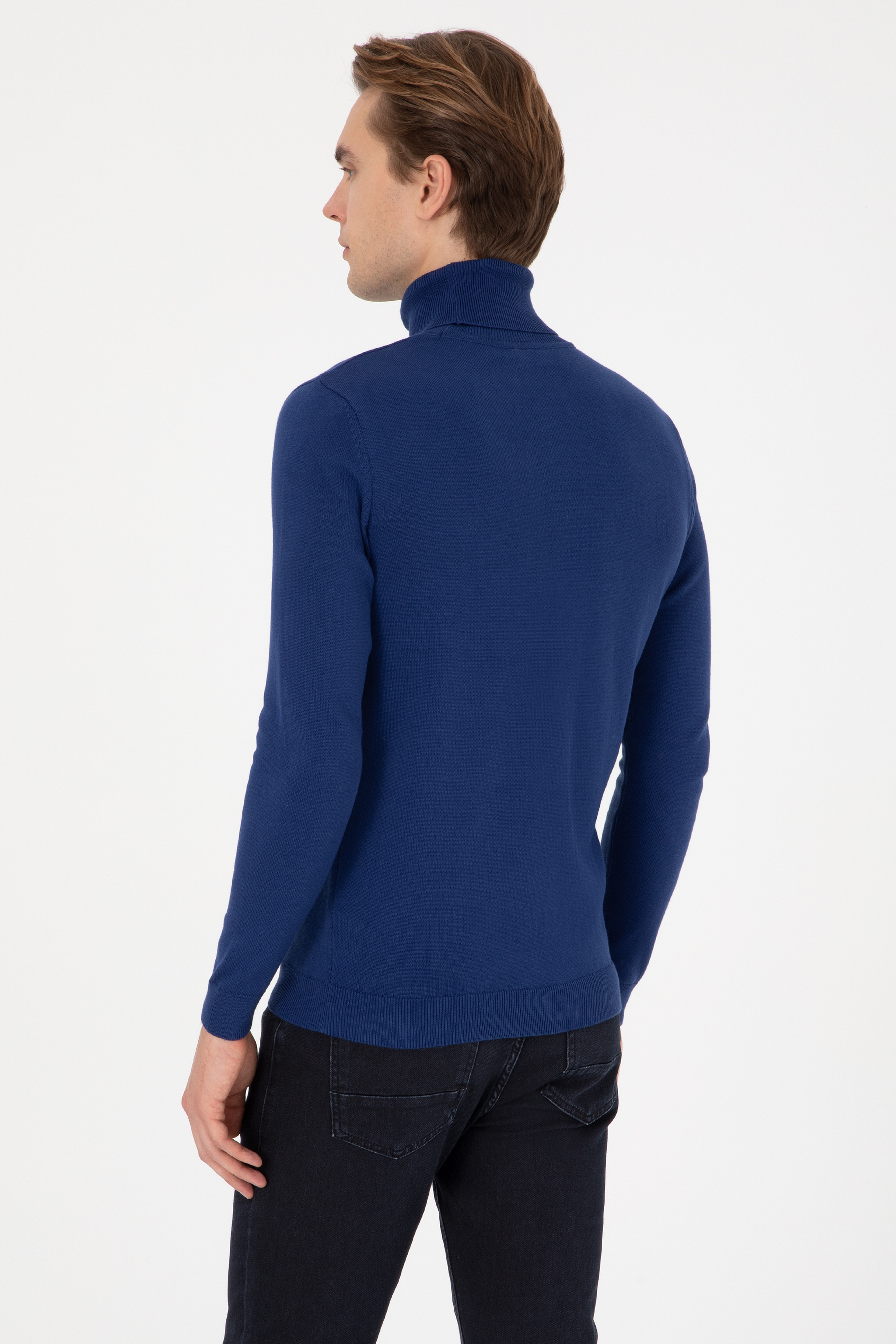 Erkek Slim Fit Boğazlı İndigo Basic Kazak