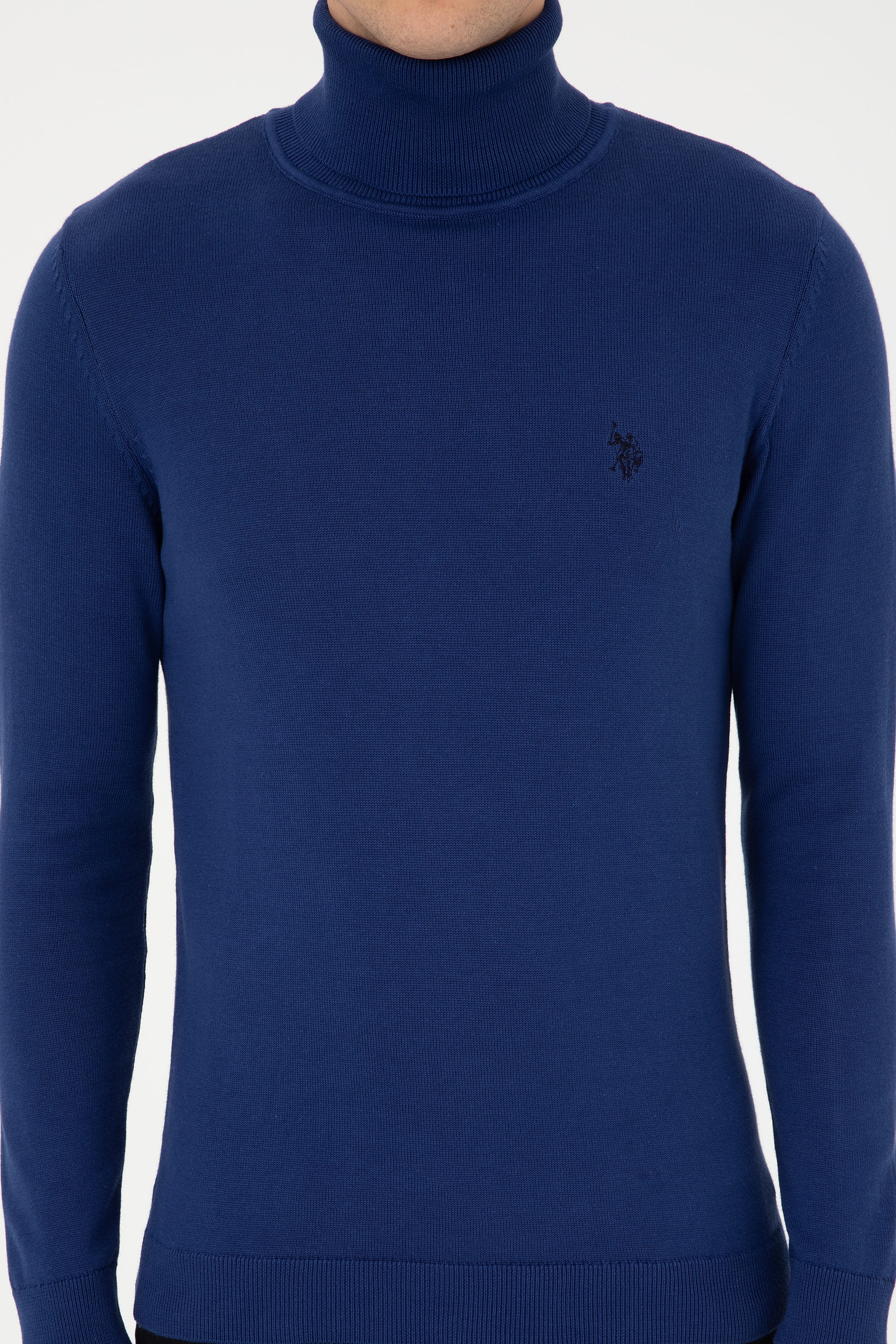 Erkek Slim Fit Boğazlı İndigo Basic Kazak
