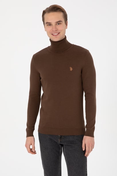 Erkek Slim Fit Boğazlı Kahverengi Basic Kazak