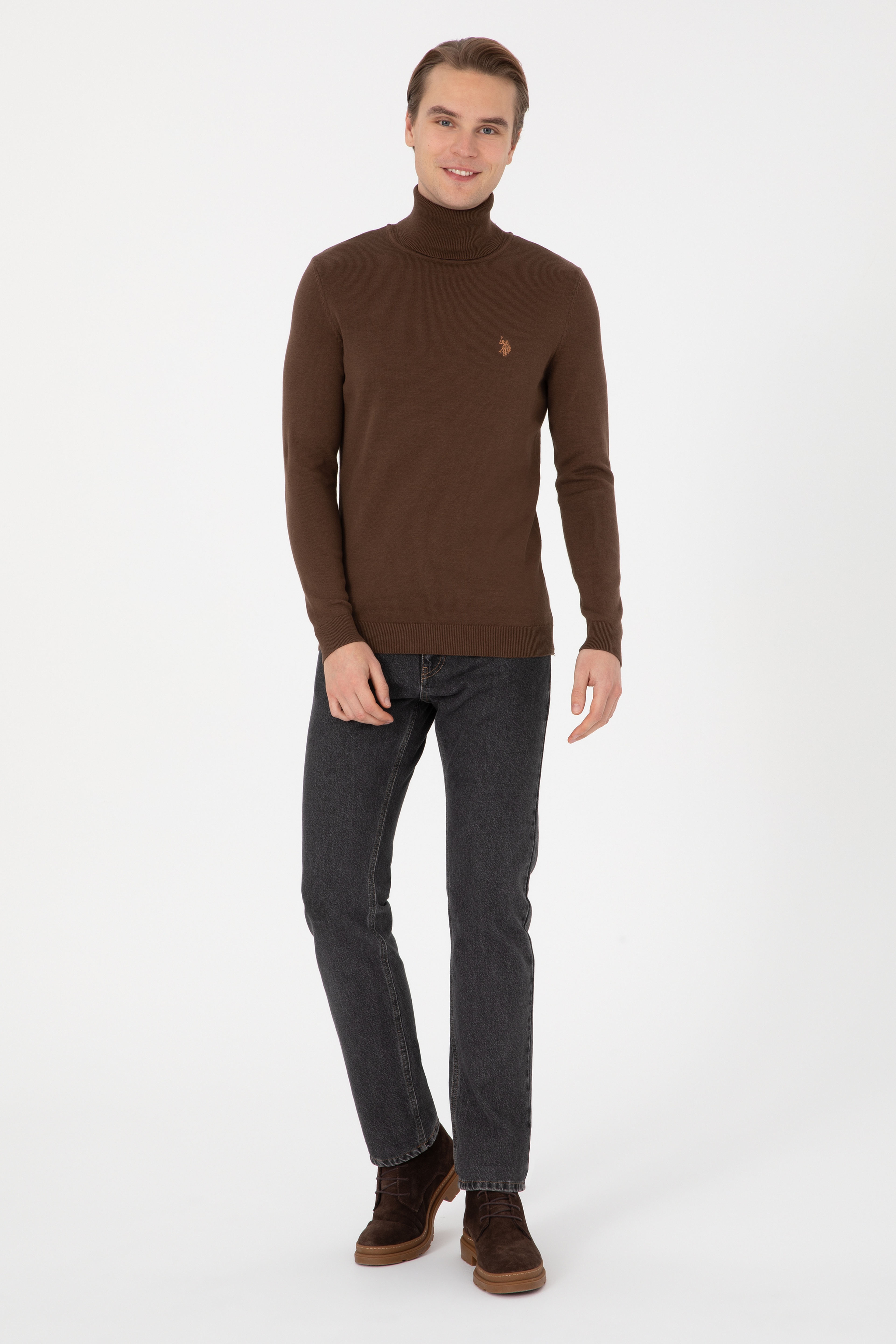 Erkek Slim Fit Boğazlı Kahverengi Basic Kazak - Image 4