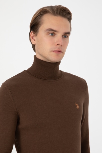 Erkek Slim Fit Boğazlı Kahverengi Basic Kazak
