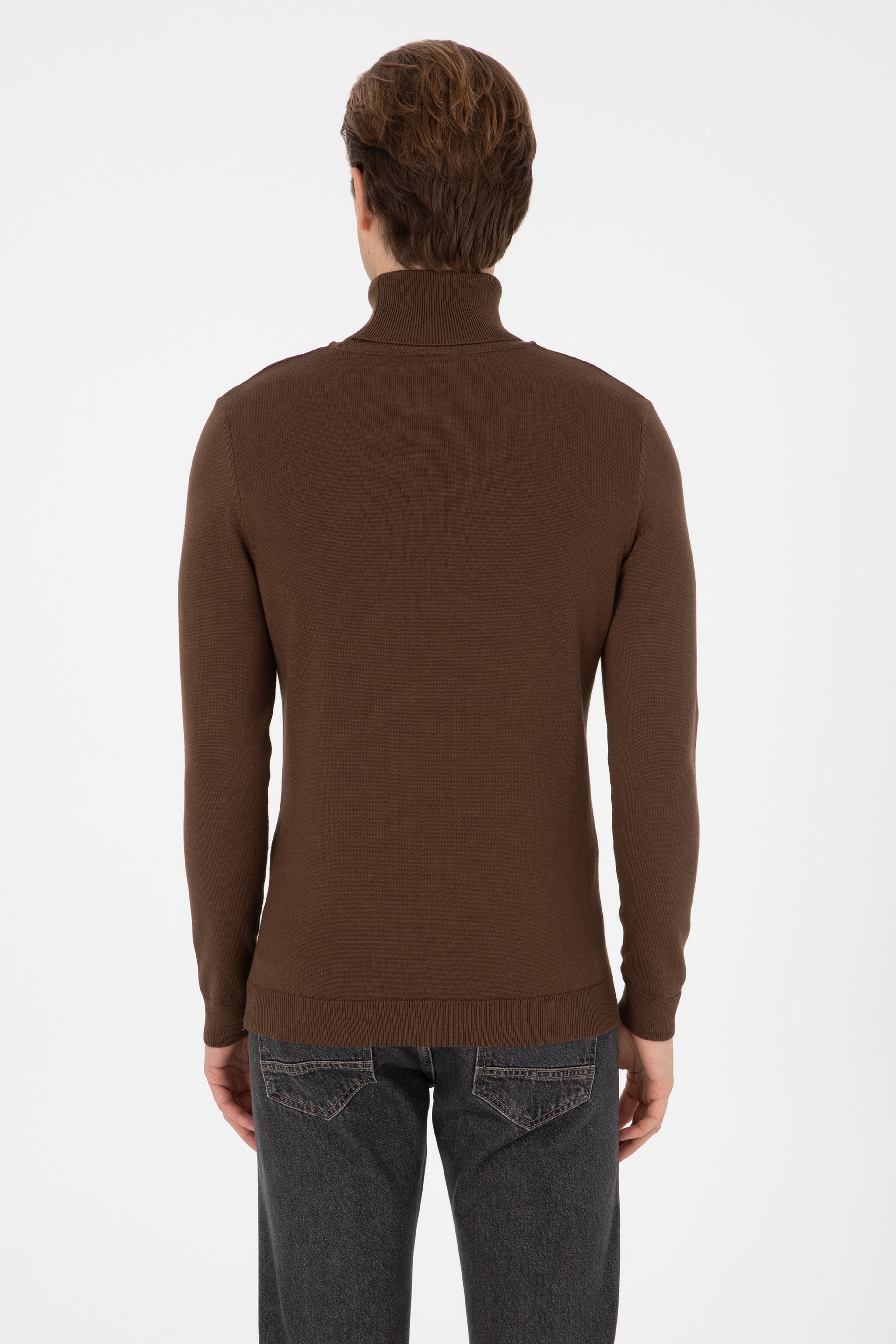 Erkek Slim Fit Boğazlı Kahverengi Basic Kazak - Image 5