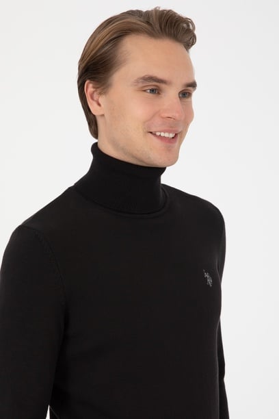 Erkek Slim Fit Boğazlı Siyah Basic Kazak
