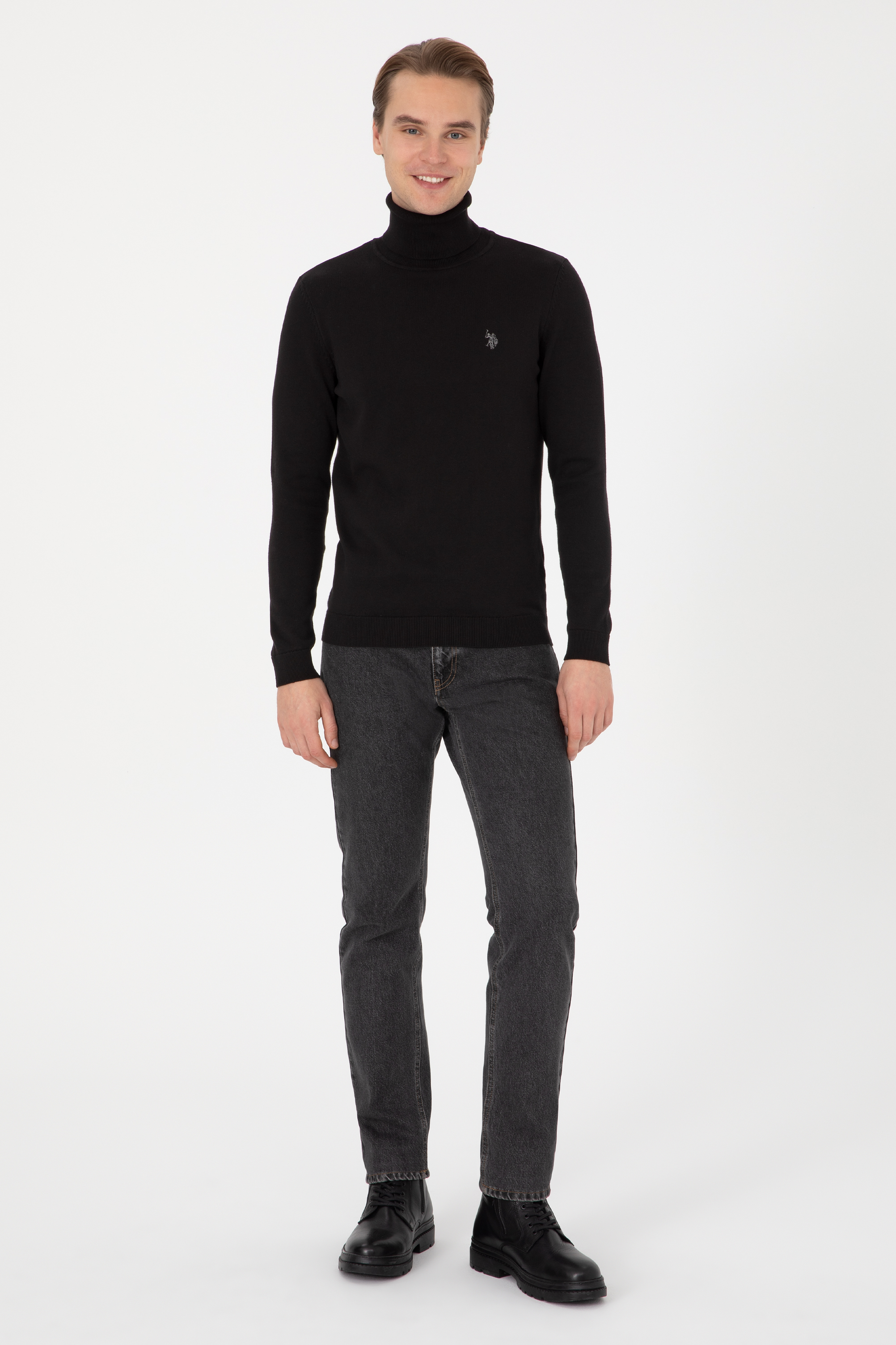 Erkek Slim Fit Boğazlı Siyah Basic Kazak - Image 4
