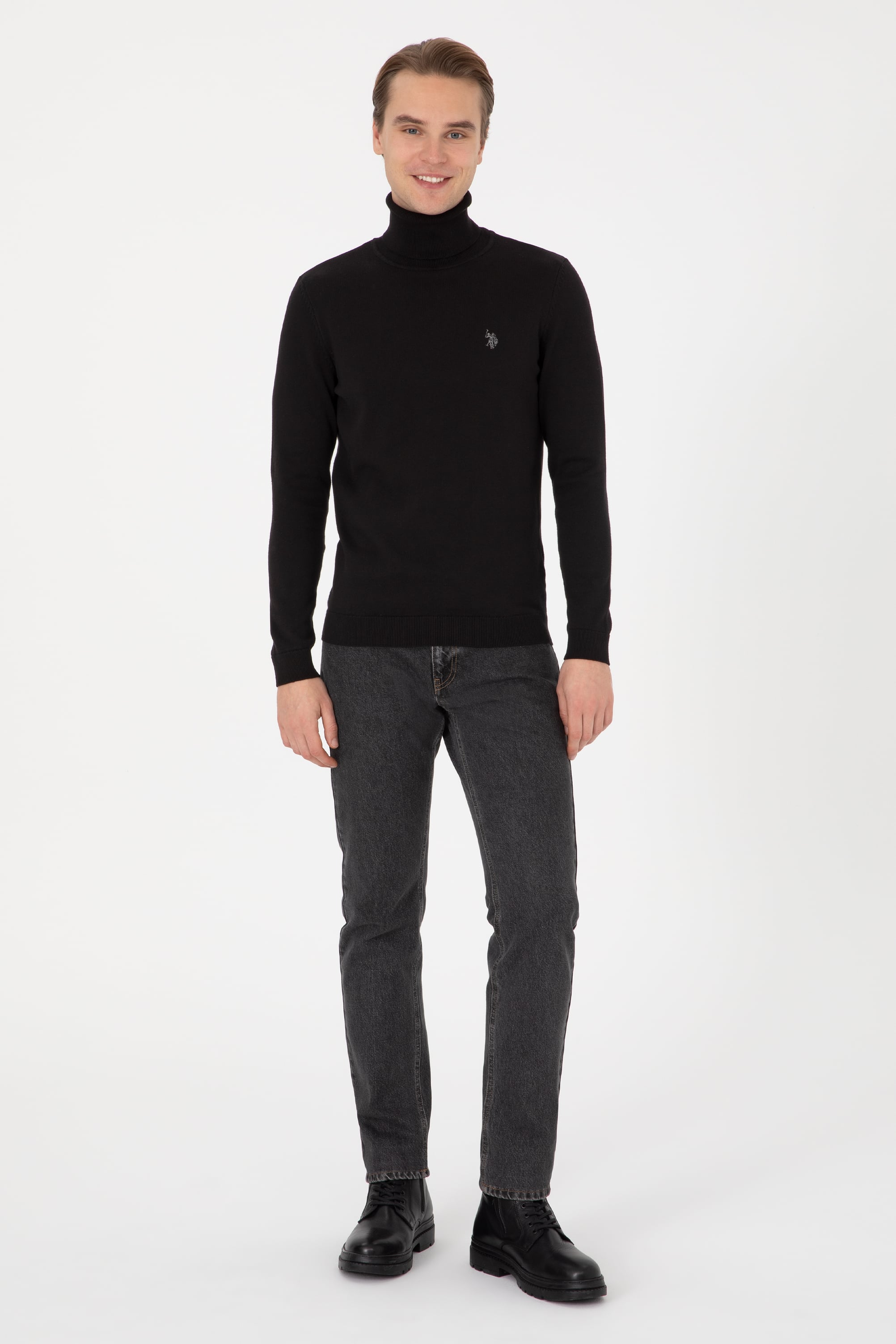 Erkek Slim Fit Boğazlı Siyah Basic Kazak