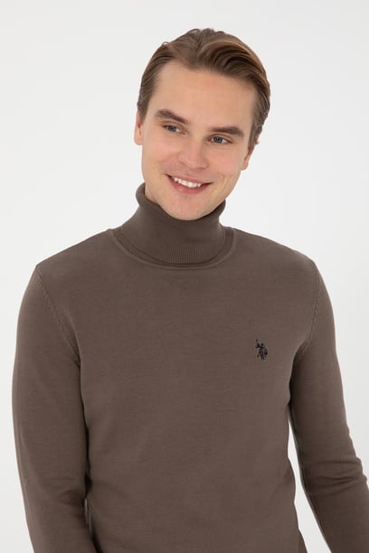 Erkek Slim Fit Boğazlı Vizon Basic Kazak