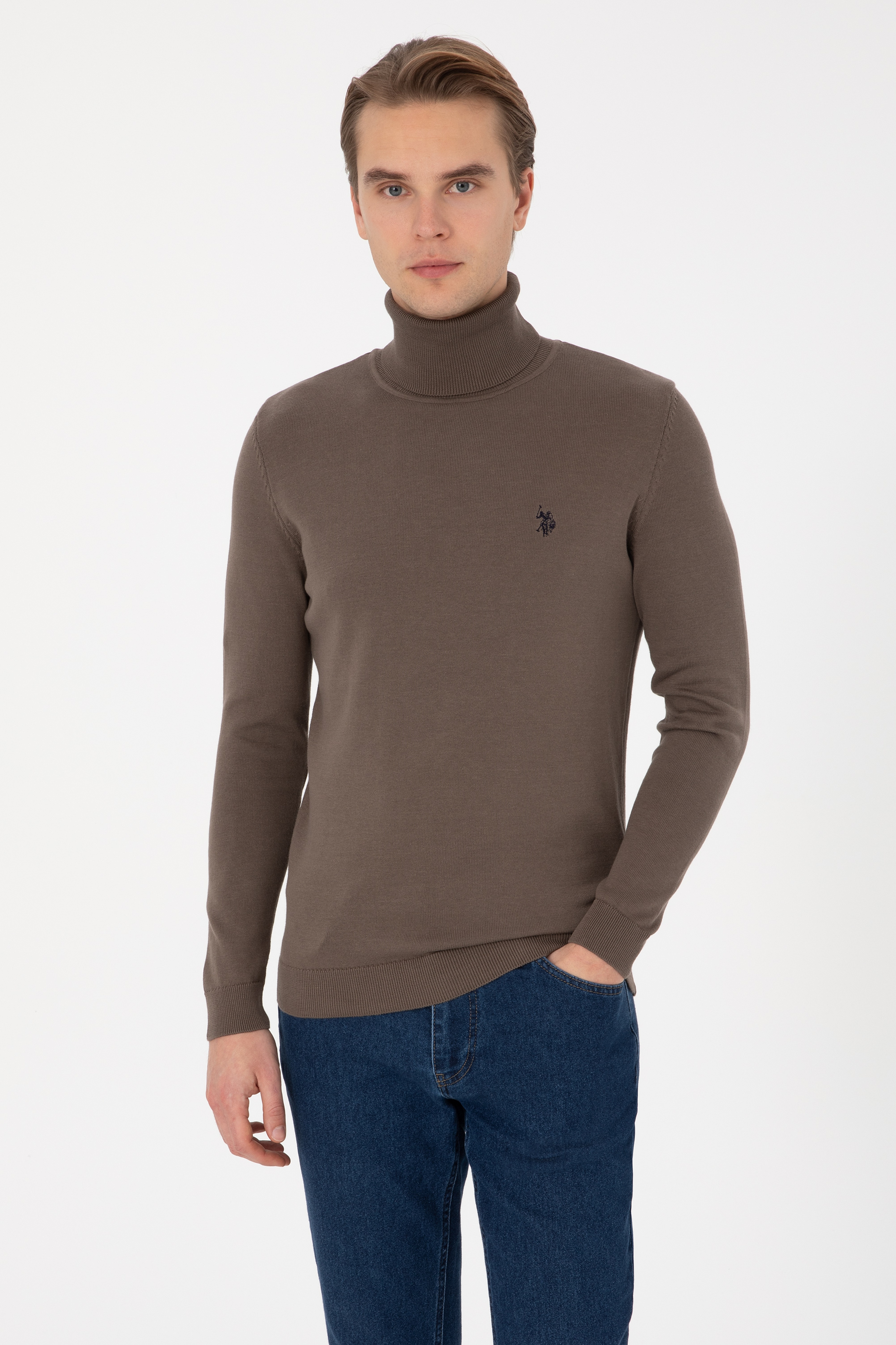 Erkek Slim Fit Boğazlı Vizon Basic Kazak