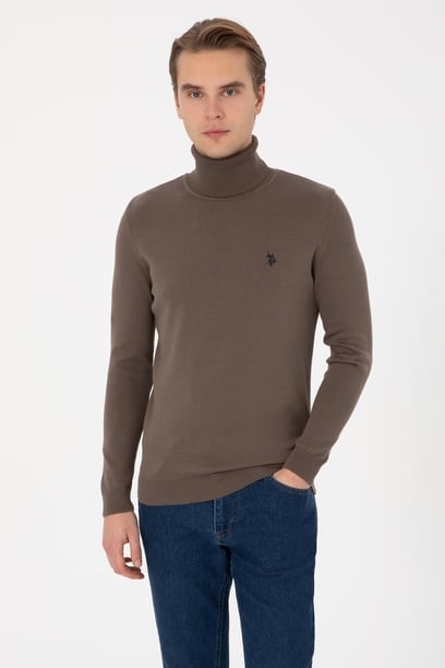 Erkek Slim Fit Boğazlı Vizon Basic Kazak
