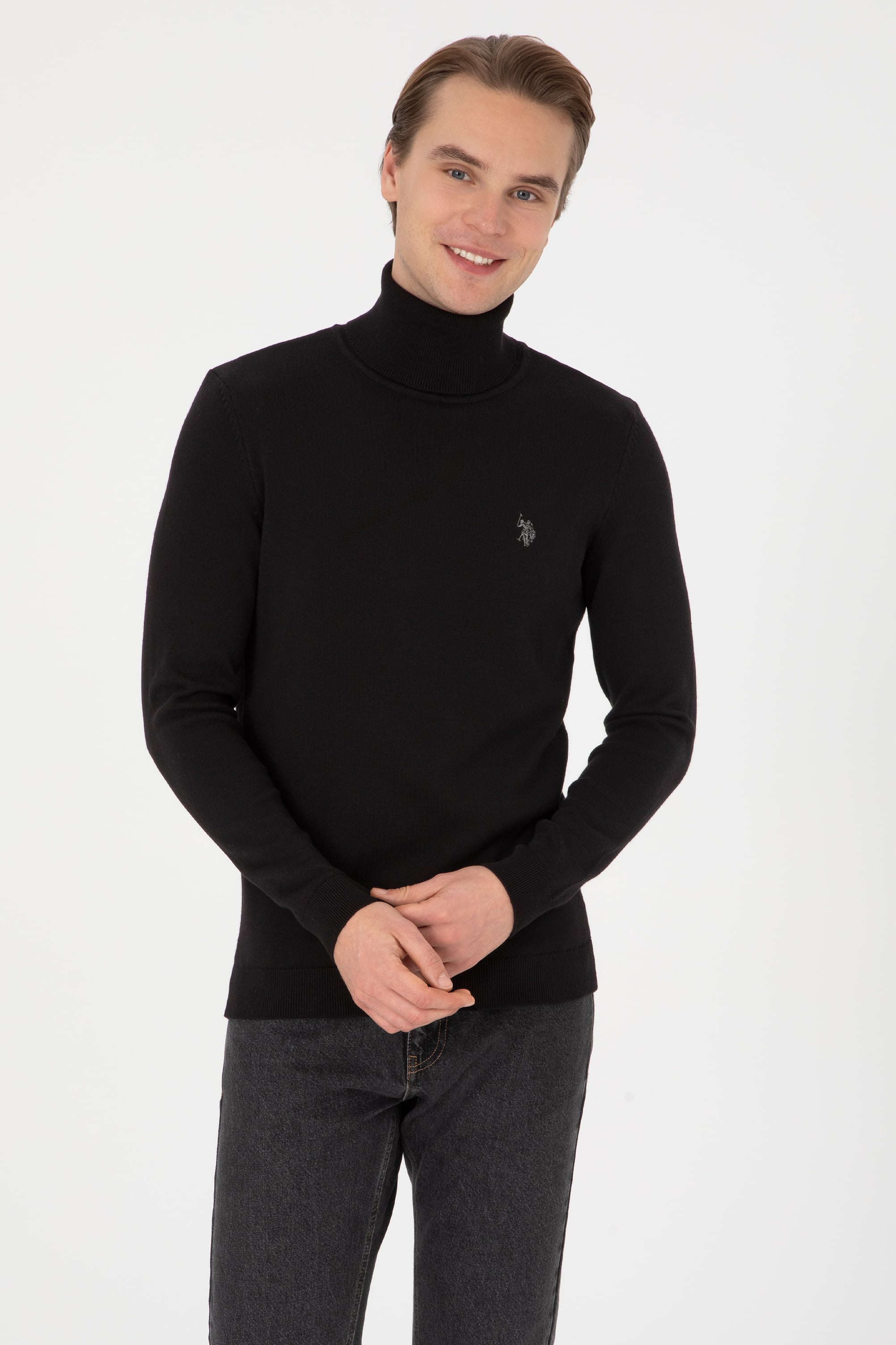 Erkek Slim Fit Boğazlı Siyah Basic Kazak