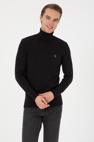 Erkek Slim Fit Boğazlı Siyah Basic Kazak