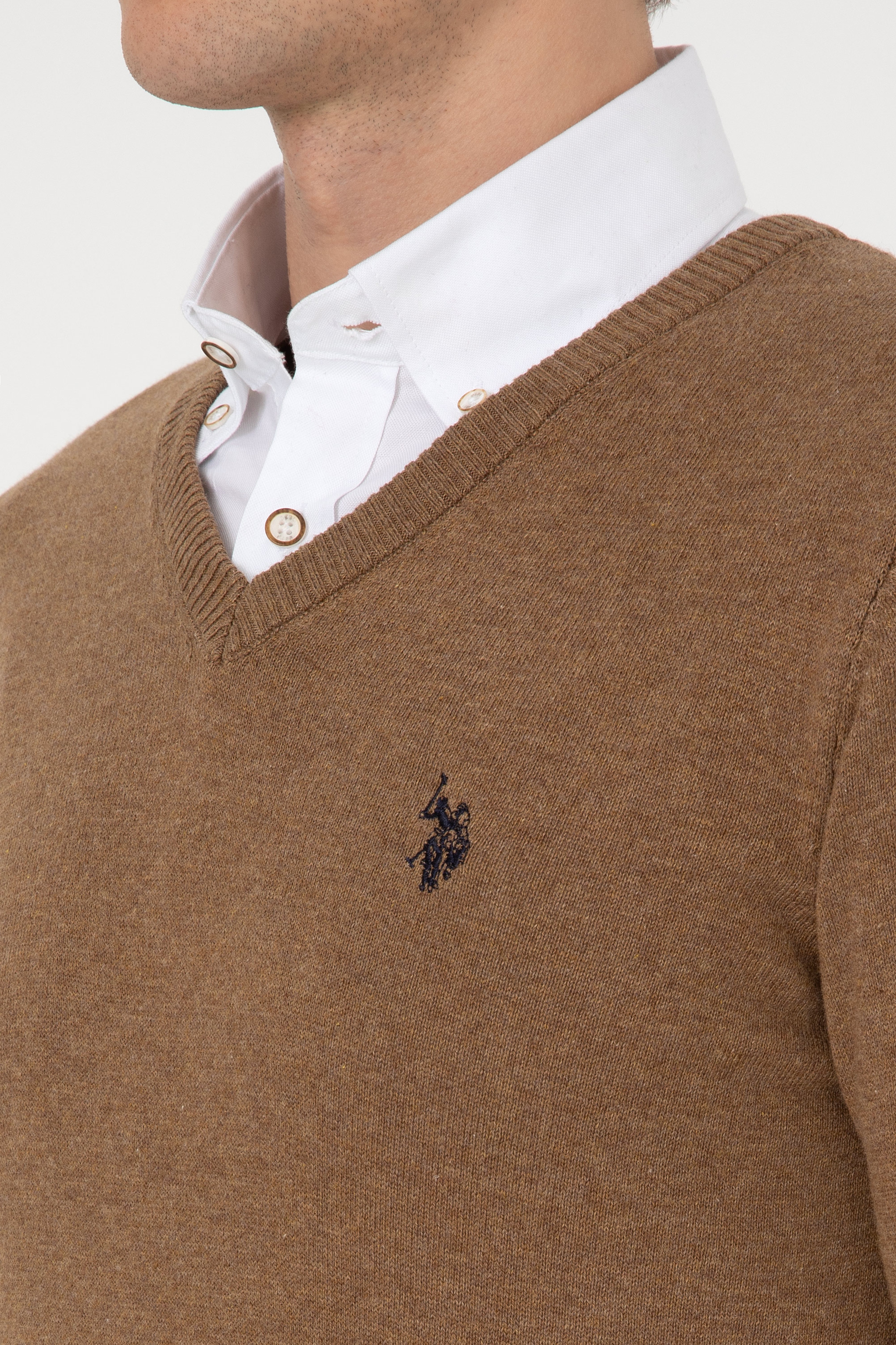 Erkek Slim Fit V Yaka Haki Melanj Basic Kazak