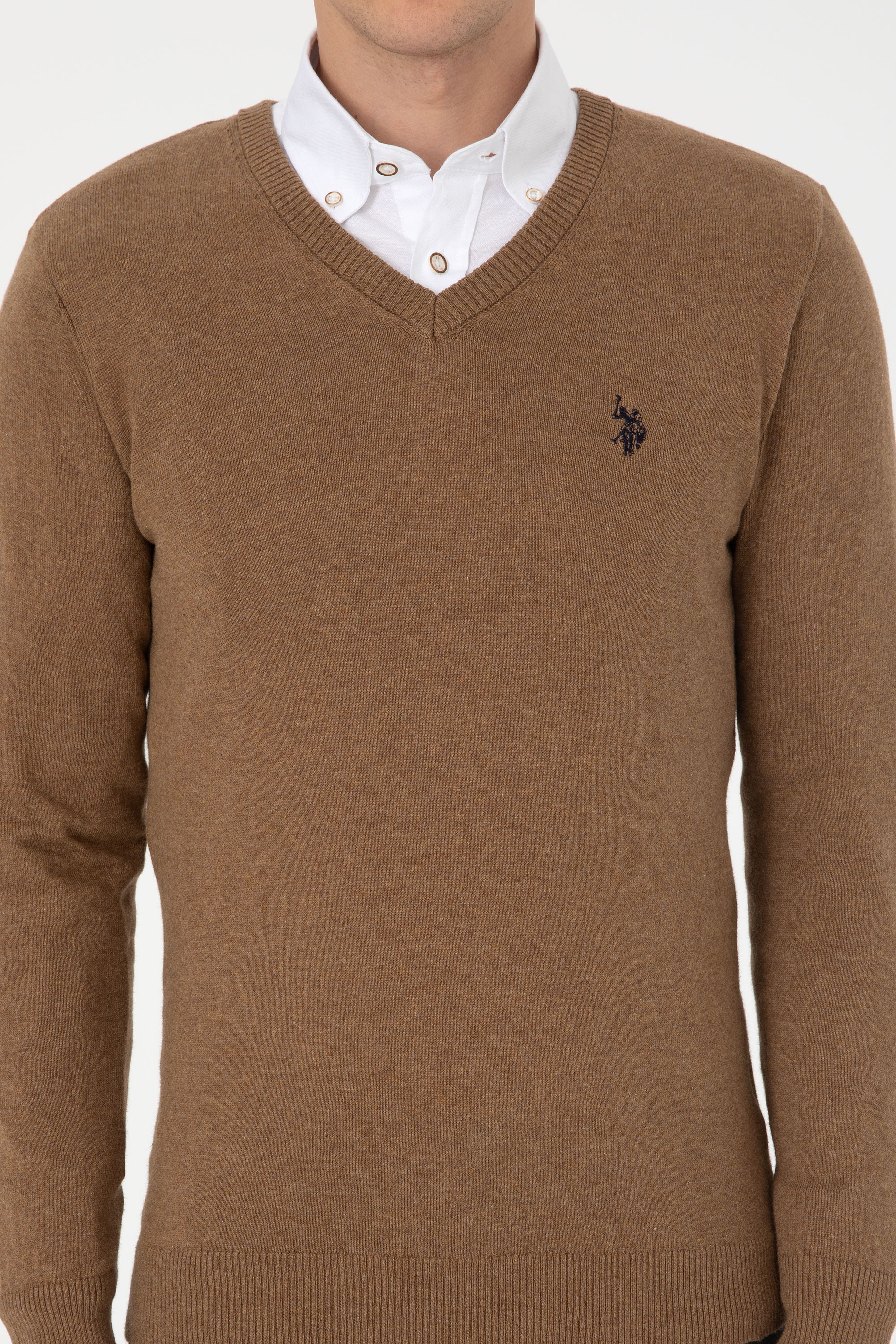 Erkek Slim Fit V Yaka Haki Melanj Basic Kazak - Image 6