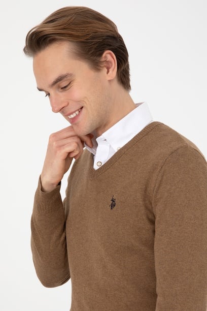Erkek Slim Fit V Yaka Haki Melanj Basic Kazak
