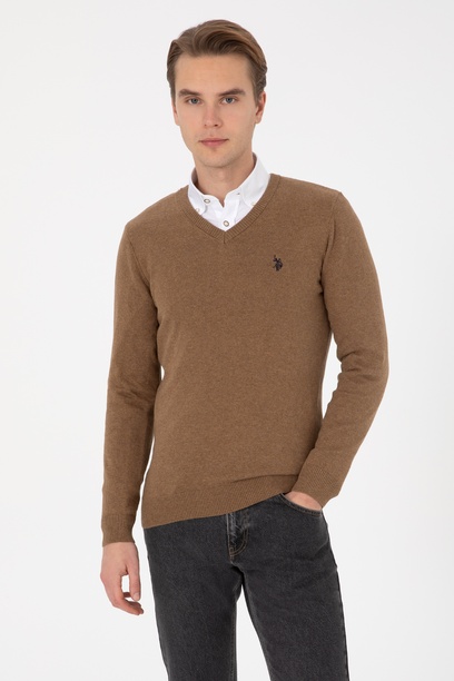 Erkek Slim Fit V Yaka Haki Melanj Basic Kazak