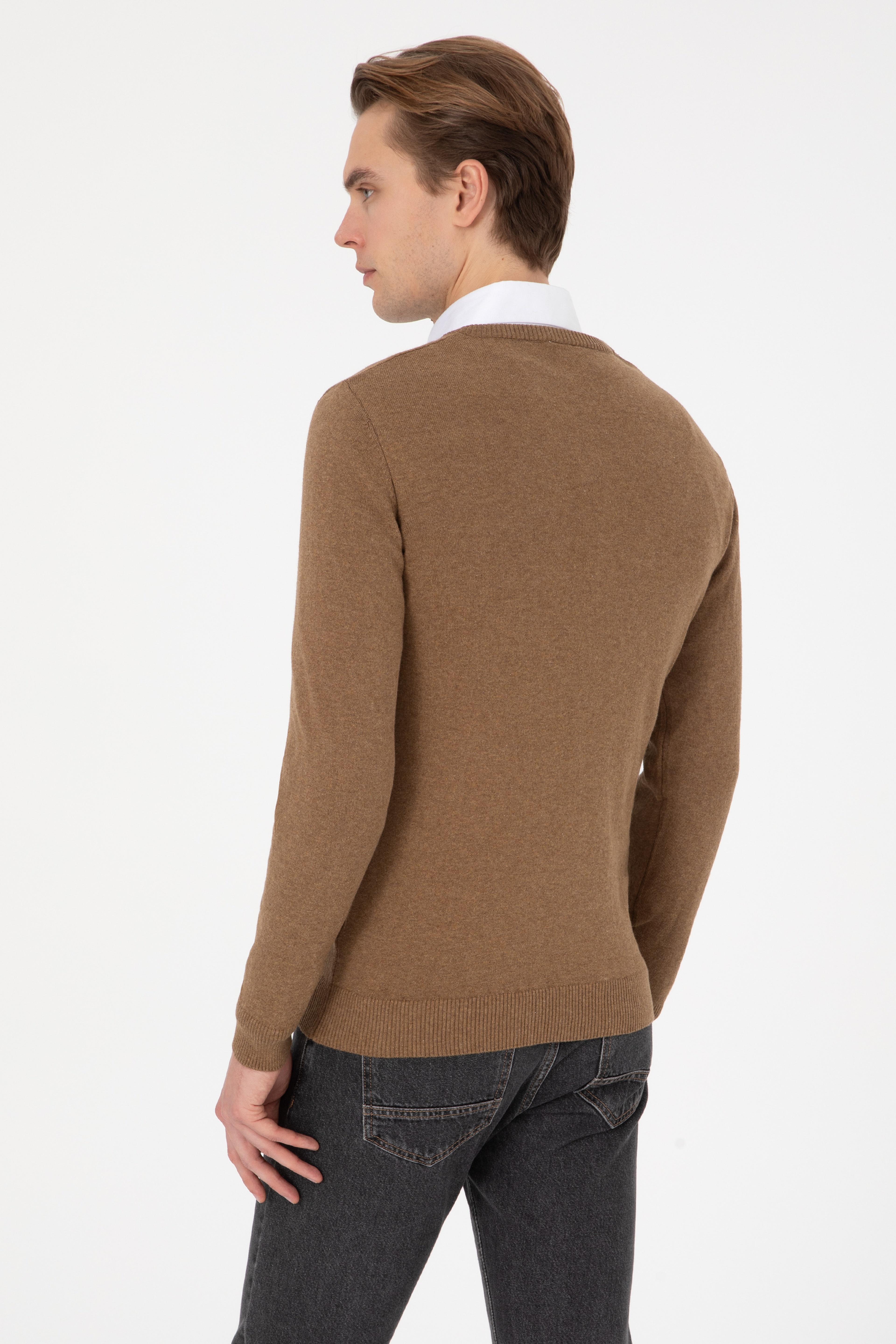 Erkek Slim Fit V Yaka Haki Melanj Basic Kazak