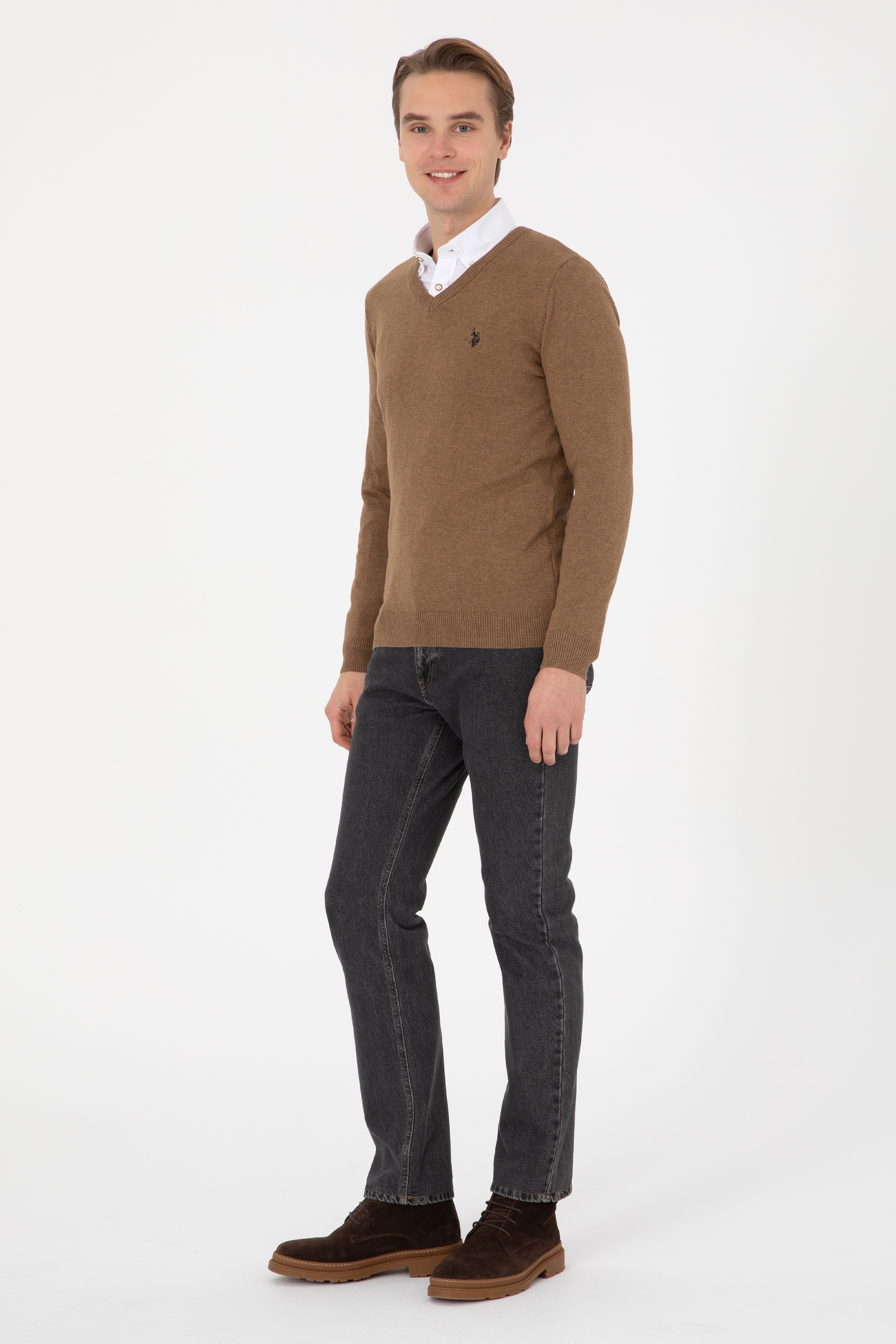 Erkek Slim Fit V Yaka Haki Melanj Basic Kazak - Image 4