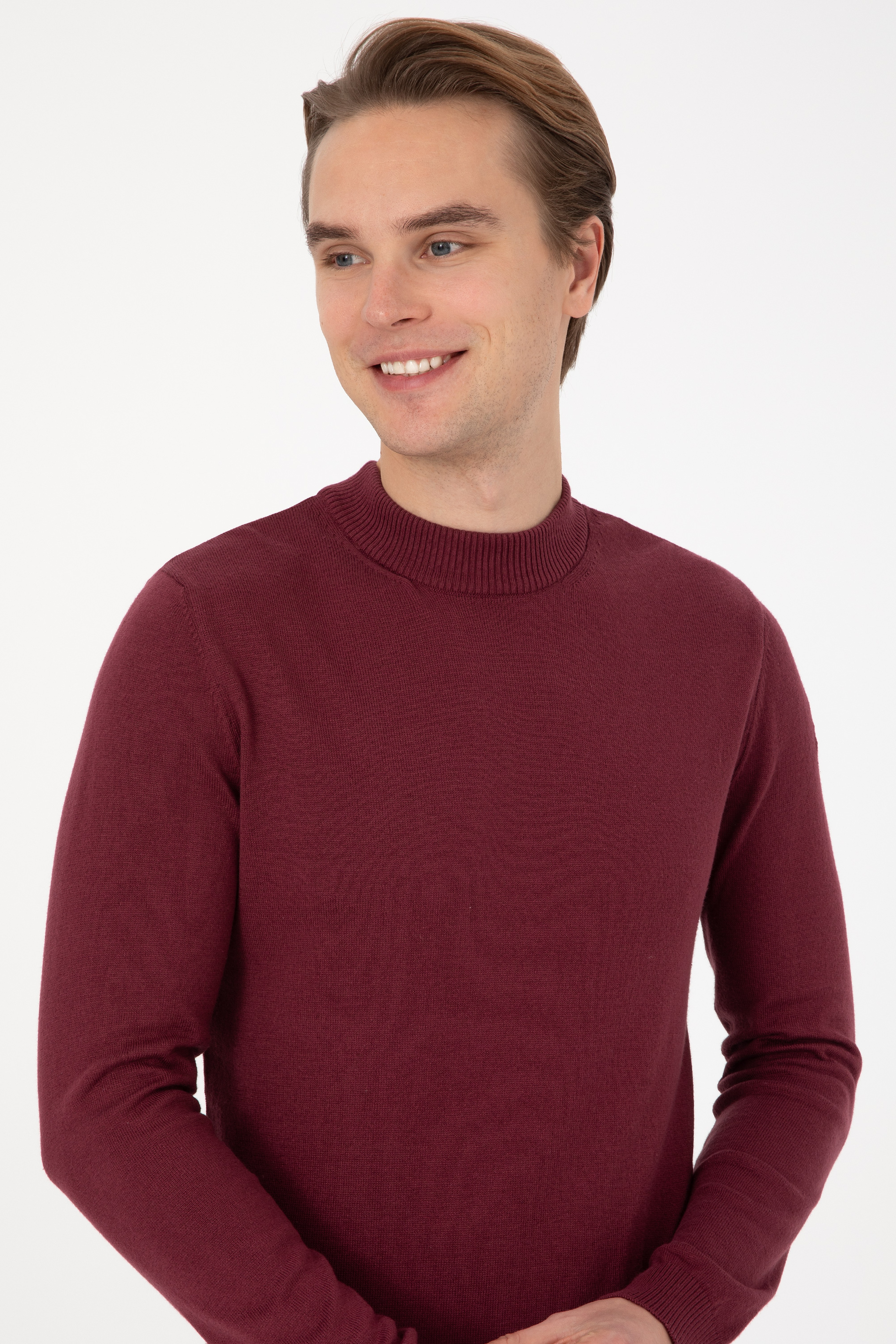 Erkek Slim Fit Polo Yaka Bordo Basic Kazak