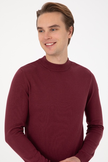 Erkek Slim Fit Polo Yaka Bordo Basic Kazak