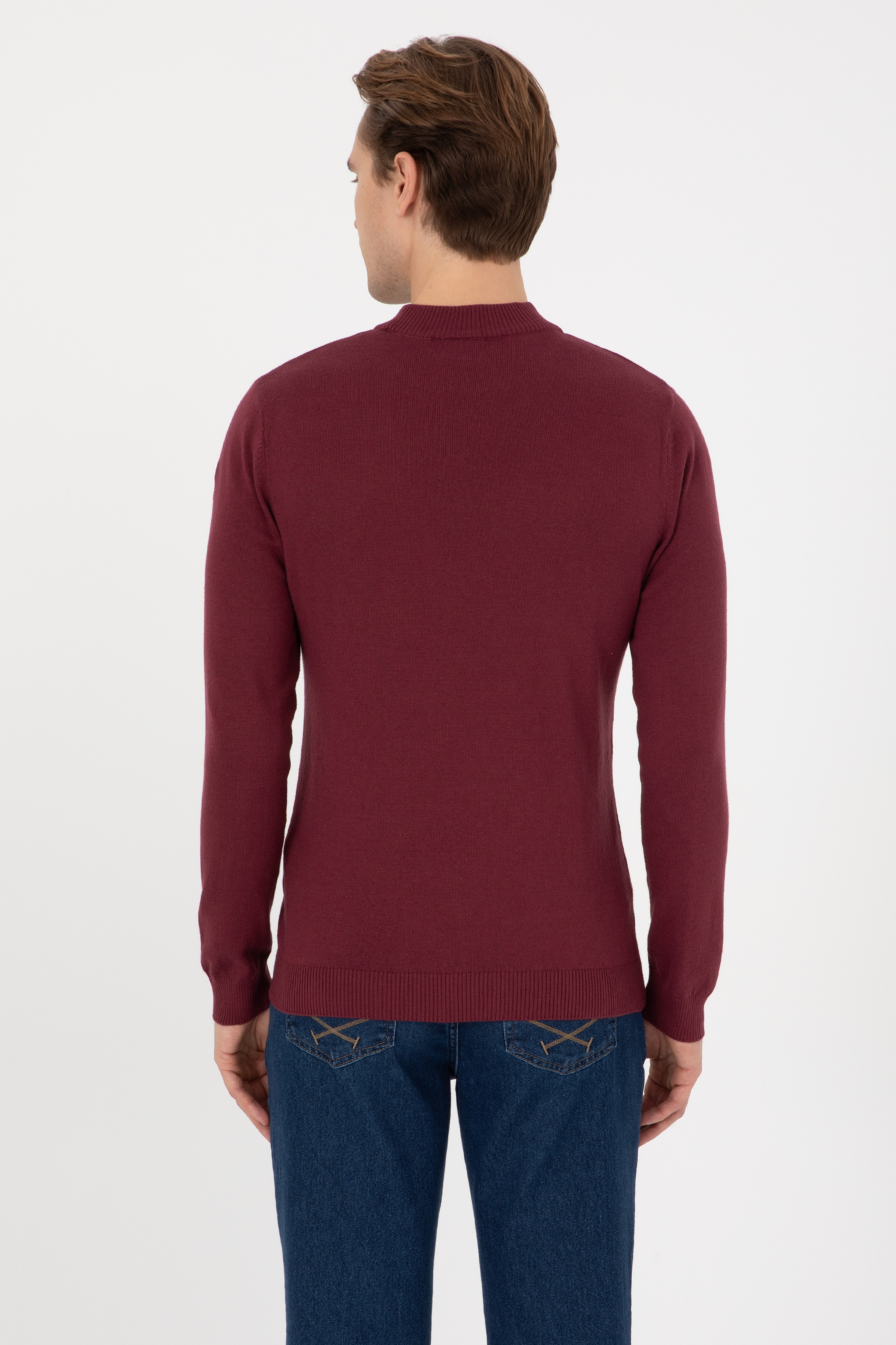 Erkek Slim Fit Polo Yaka Bordo Basic Kazak - Image 5