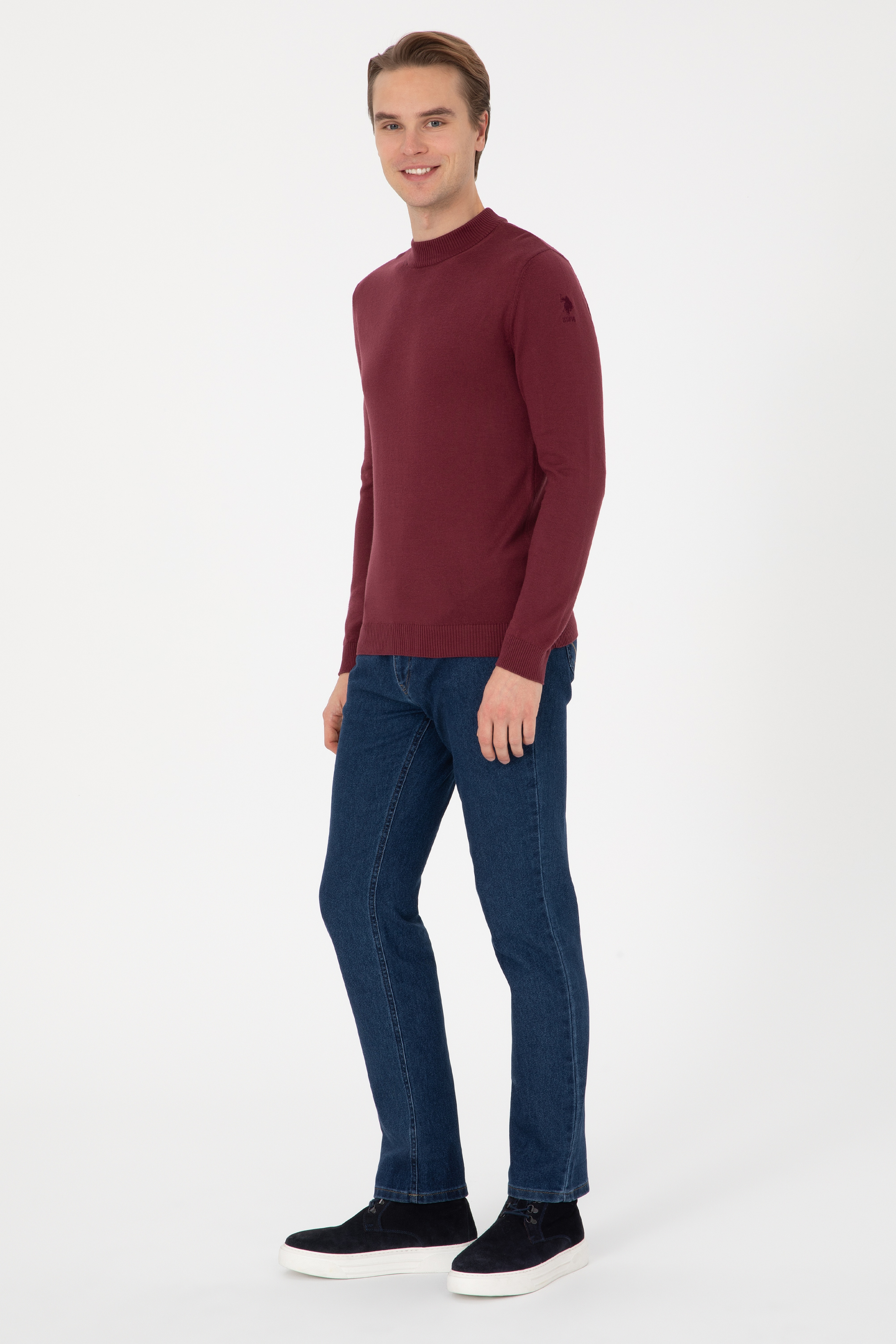 Erkek Slim Fit Polo Yaka Bordo Basic Kazak