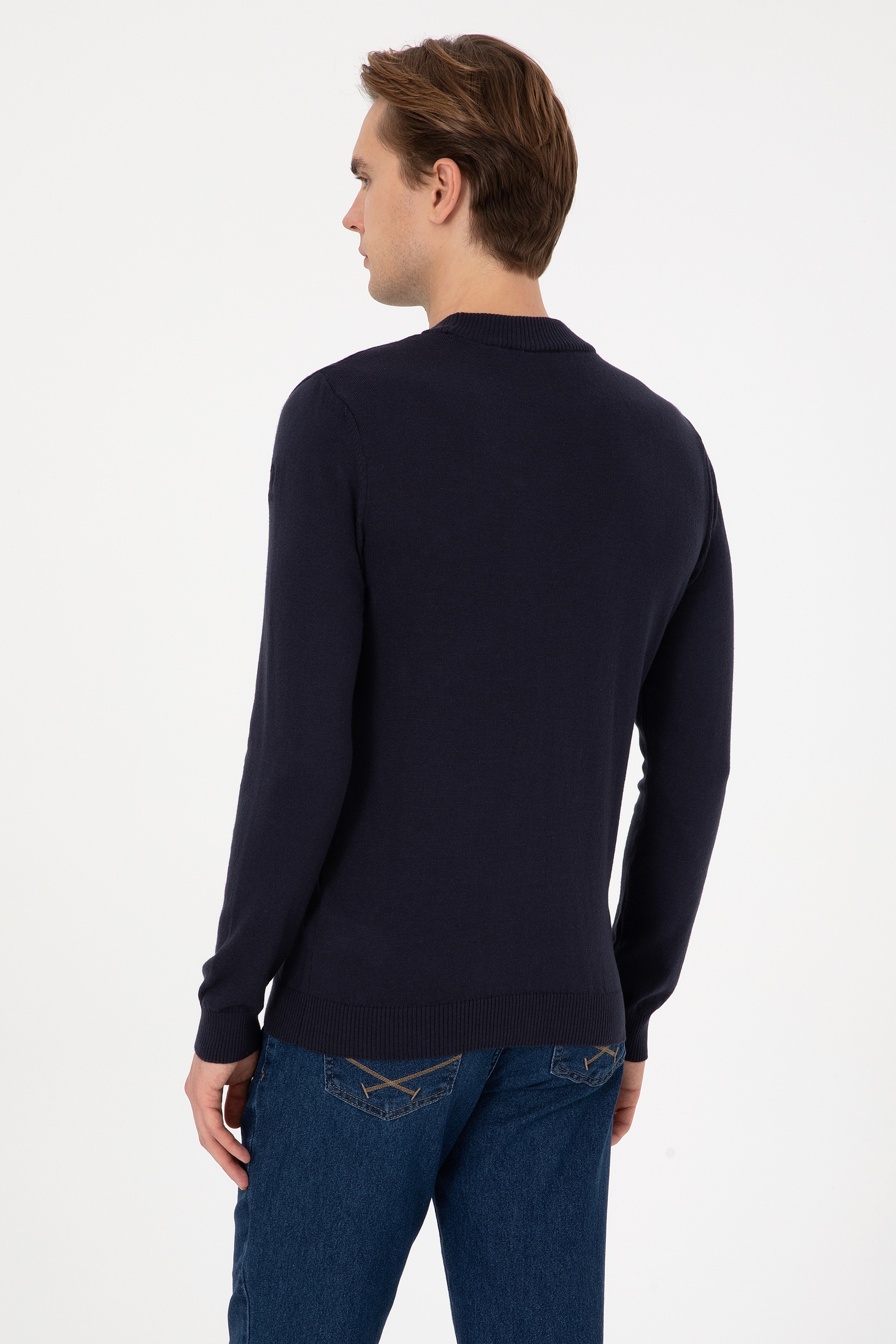 Erkek Slim Fit Polo Yaka Lacivert Basic Kazak