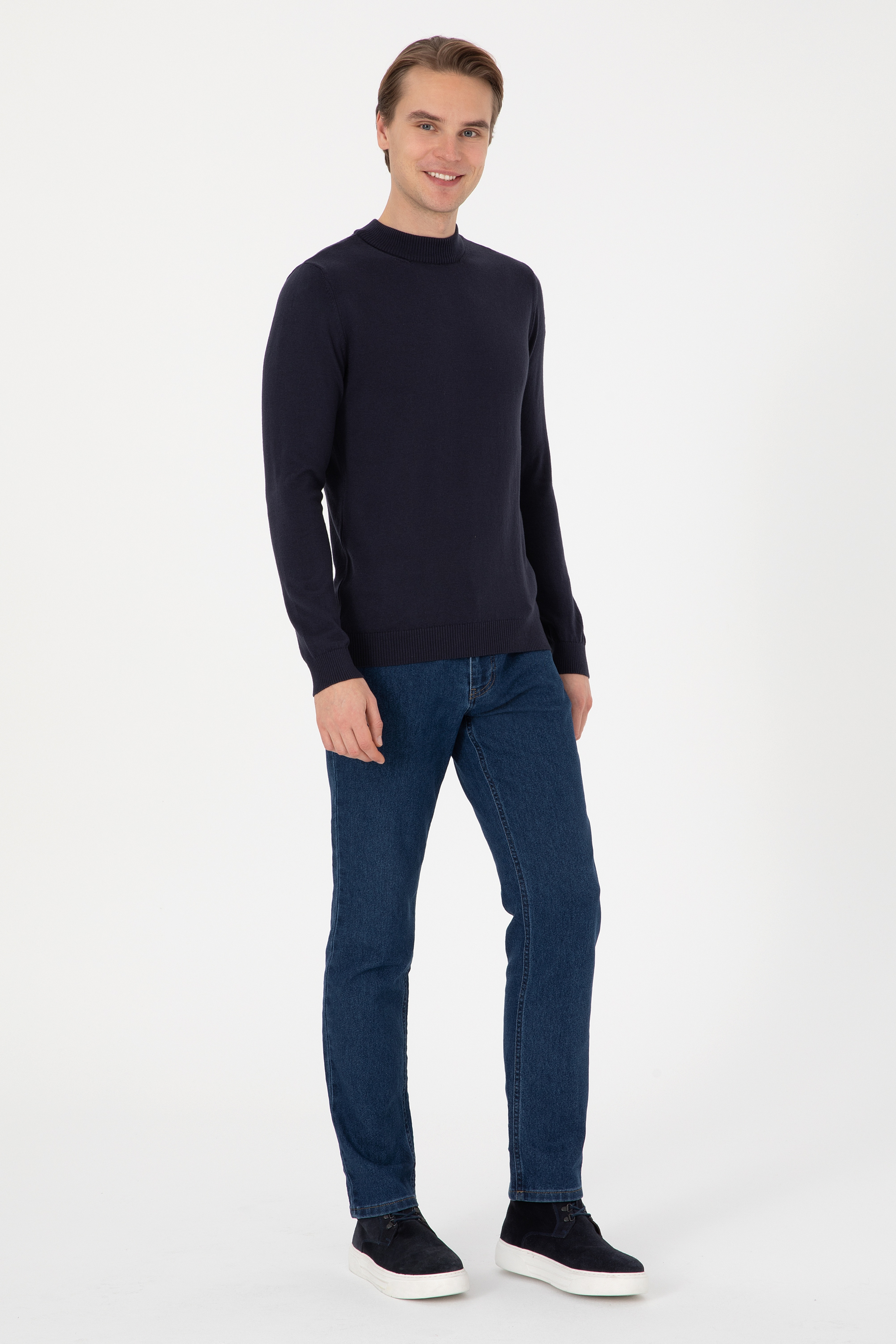 Erkek Slim Fit Polo Yaka Lacivert Basic Kazak - Image 4