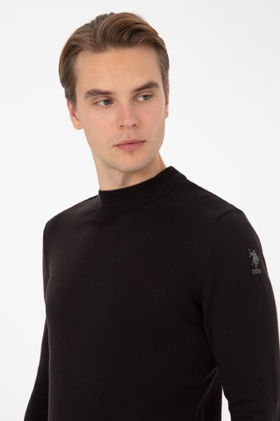 Erkek Slim Fit Polo Yaka Siyah Basic Kazak