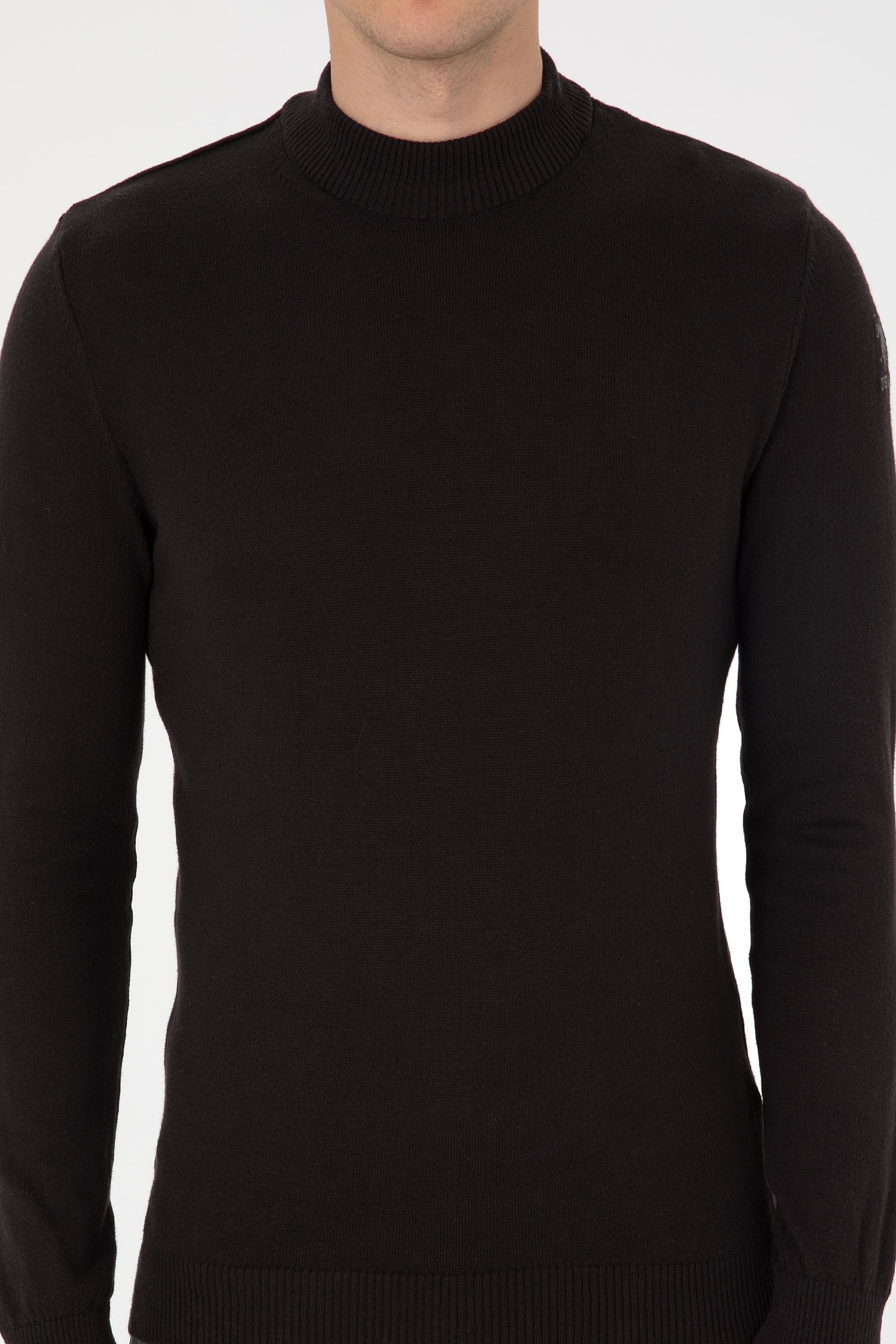 Erkek Slim Fit Polo Yaka Siyah Basic Kazak