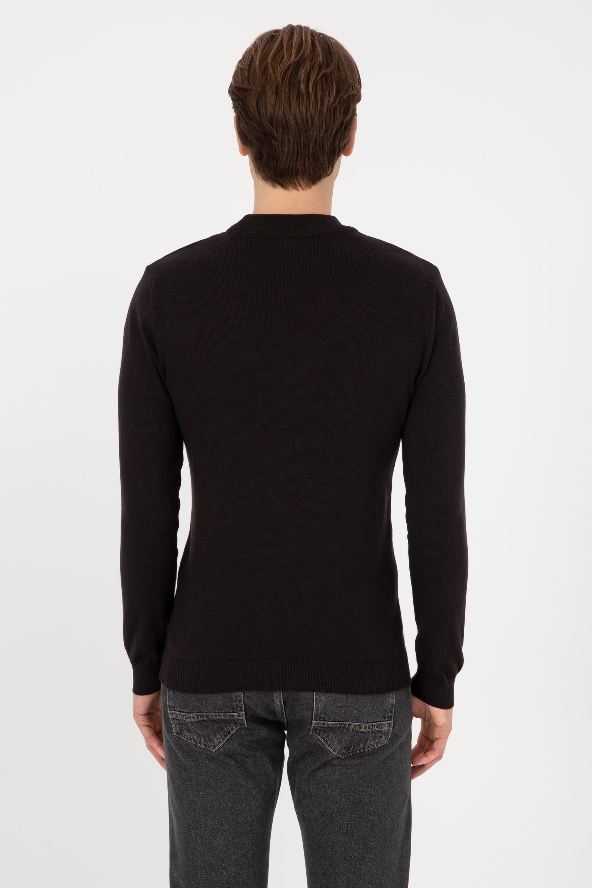 Erkek Slim Fit Polo Yaka Siyah Basic Kazak