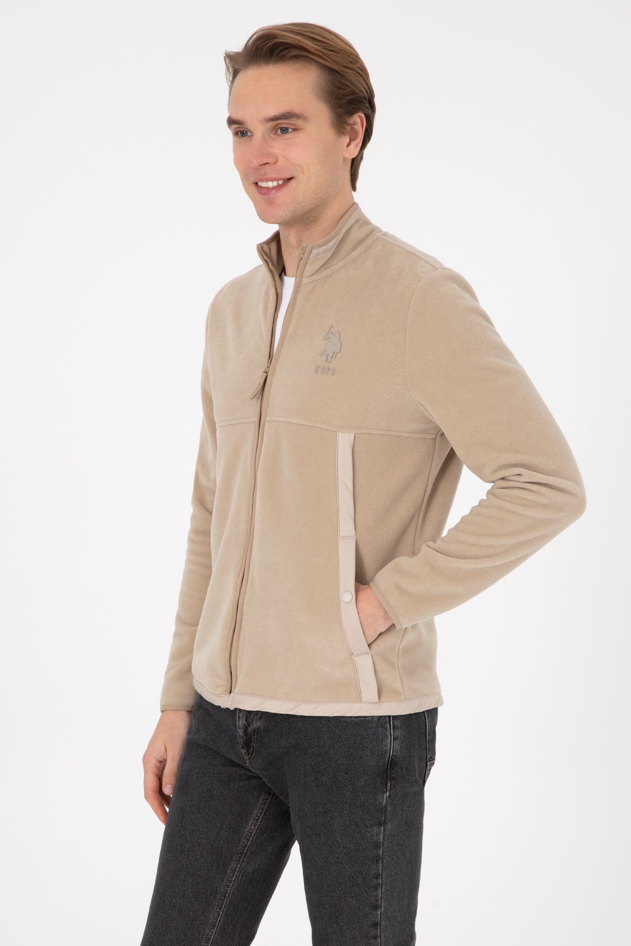 Erkek Regular Fit Fermuarlı Koyu Bej Örme Hırka - Image 3