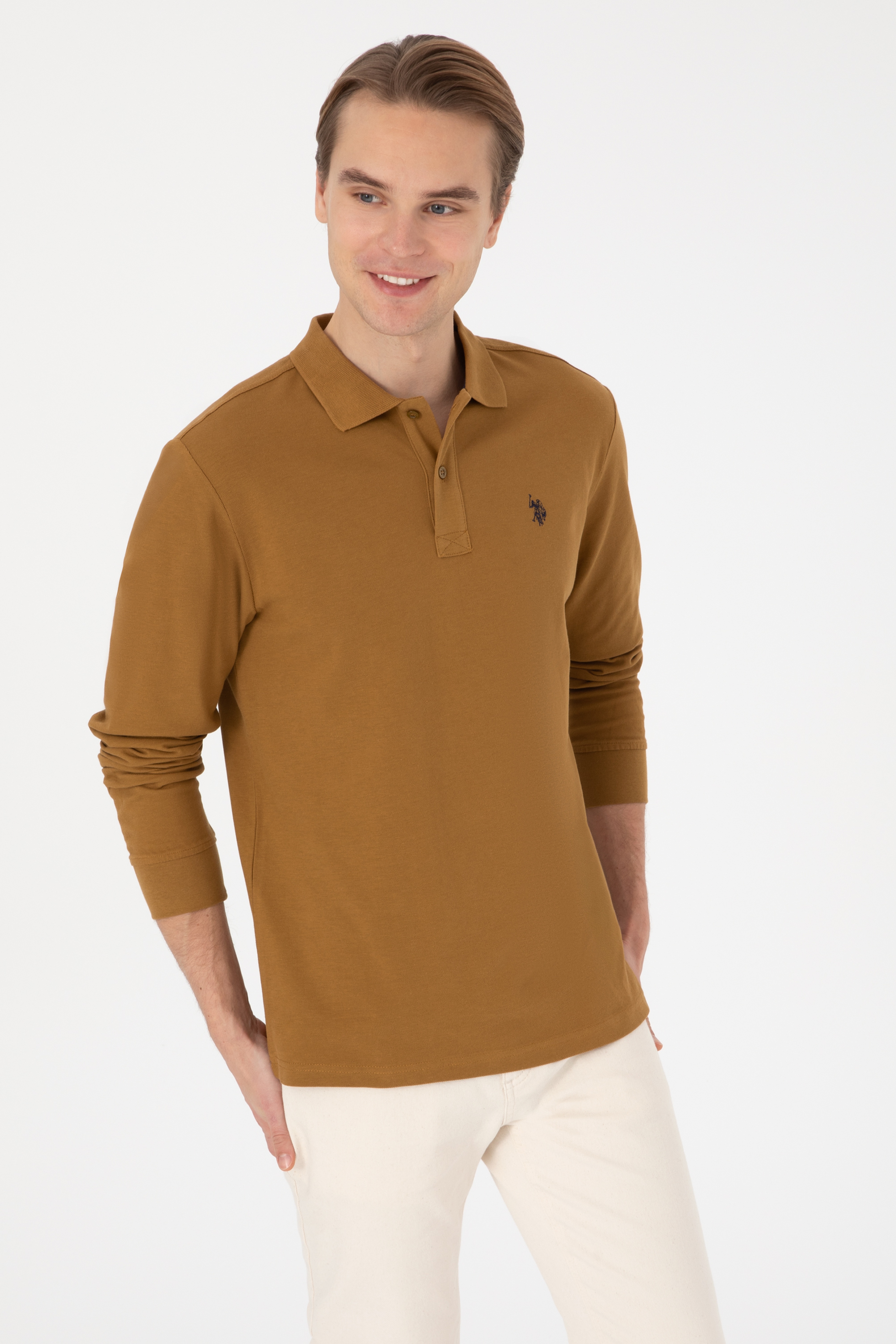 Erkek Regular Fit Polo Yaka Haki Basic Sweatshirt - Image 3