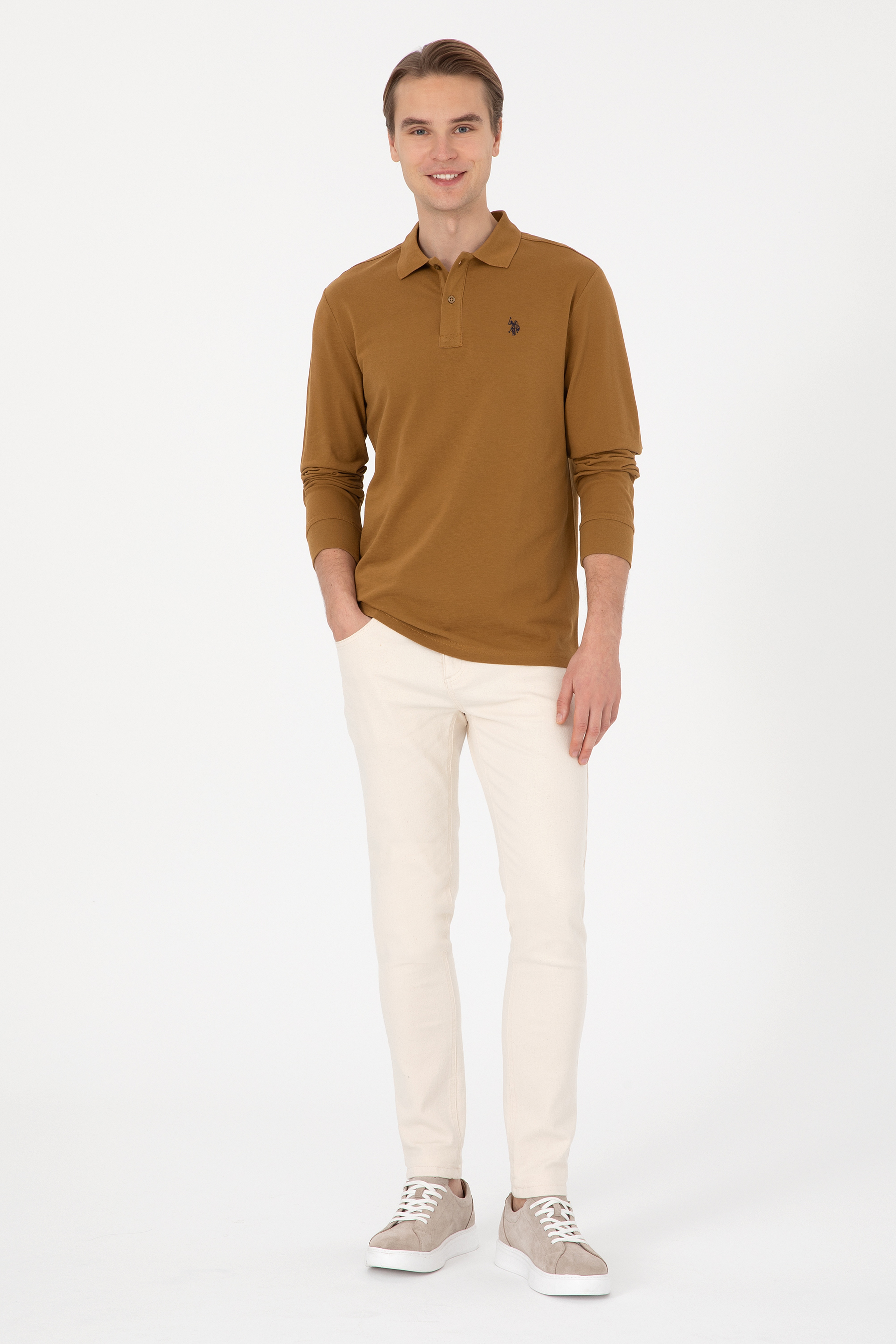 Erkek Regular Fit Polo Yaka Haki Basic Sweatshirt - Image 4