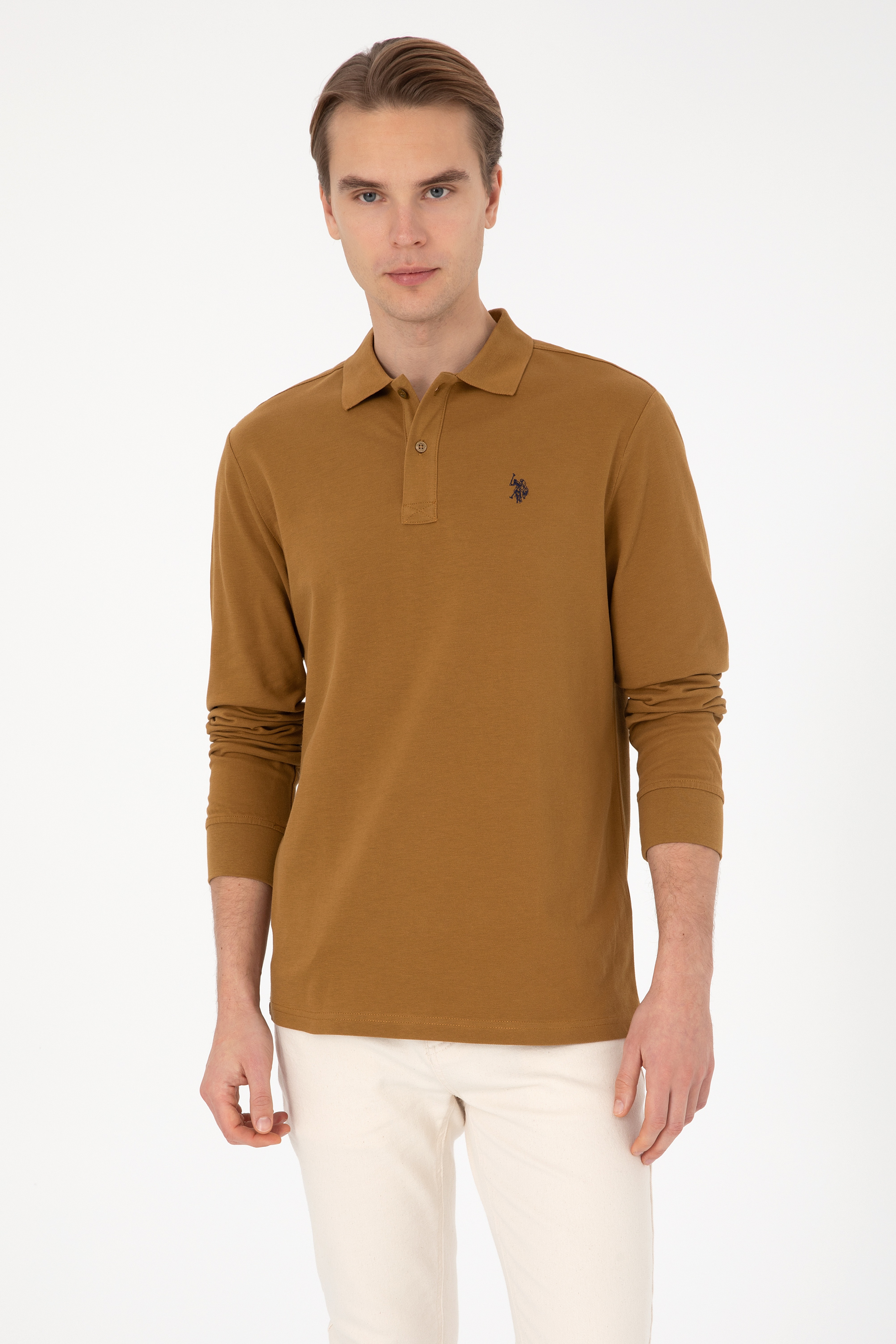 Erkek Regular Fit Polo Yaka Haki Basic Sweatshirt - Image 1