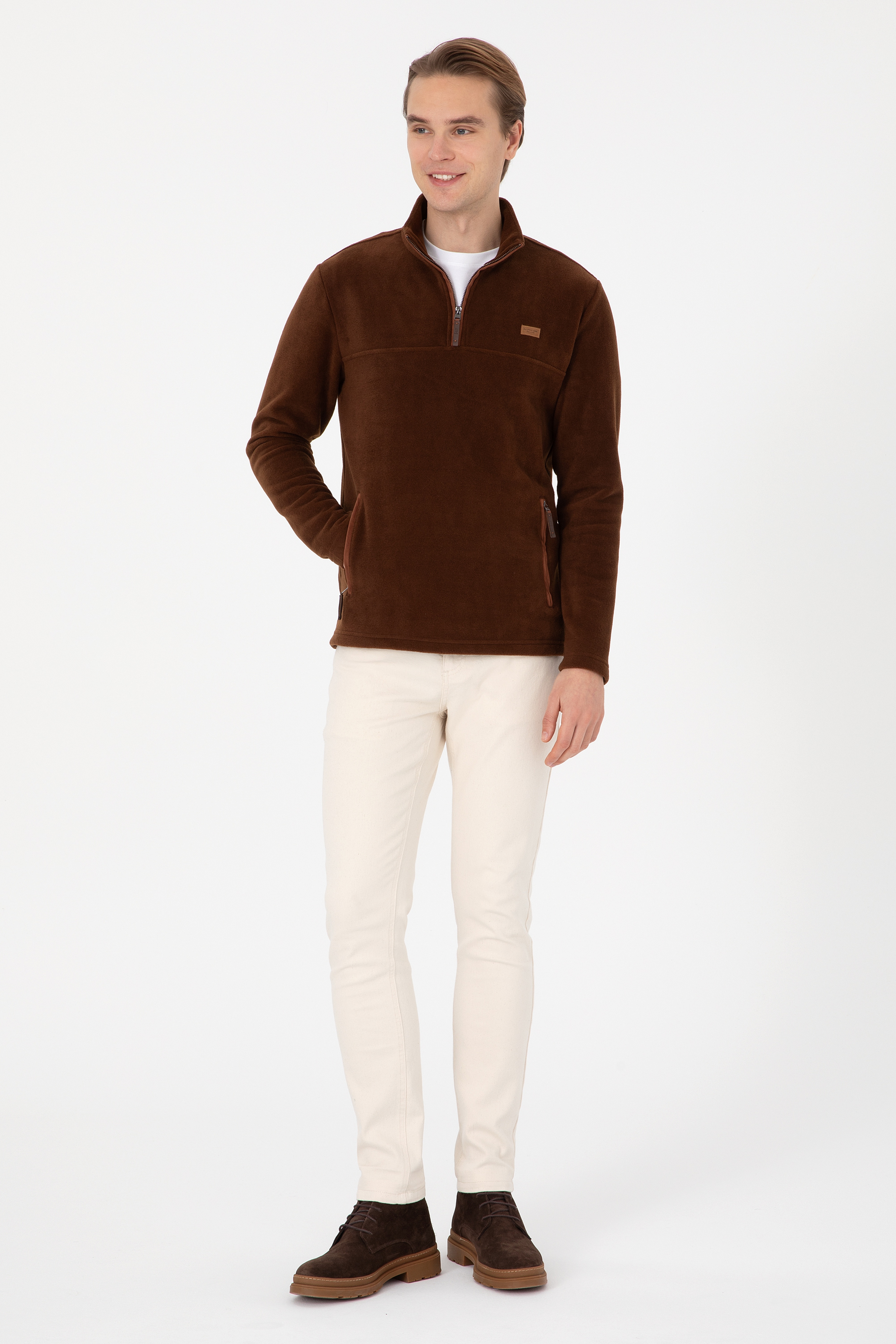Erkek Regular Fit Yarım Fermuarlı Kahverengi Sweatshirt - Image 4