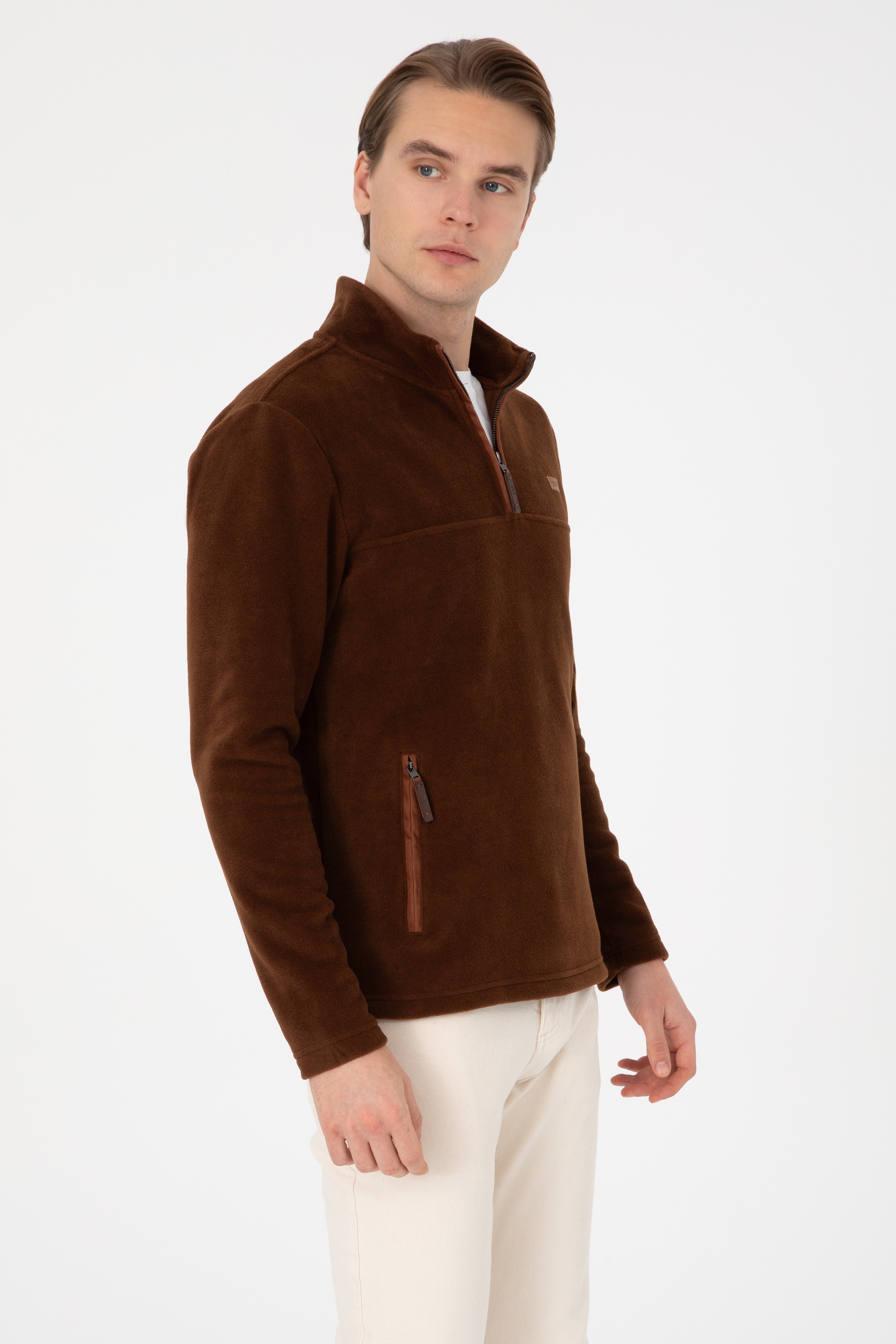 Erkek Regular Fit Yarım Fermuarlı Kahverengi Sweatshirt - Image 3