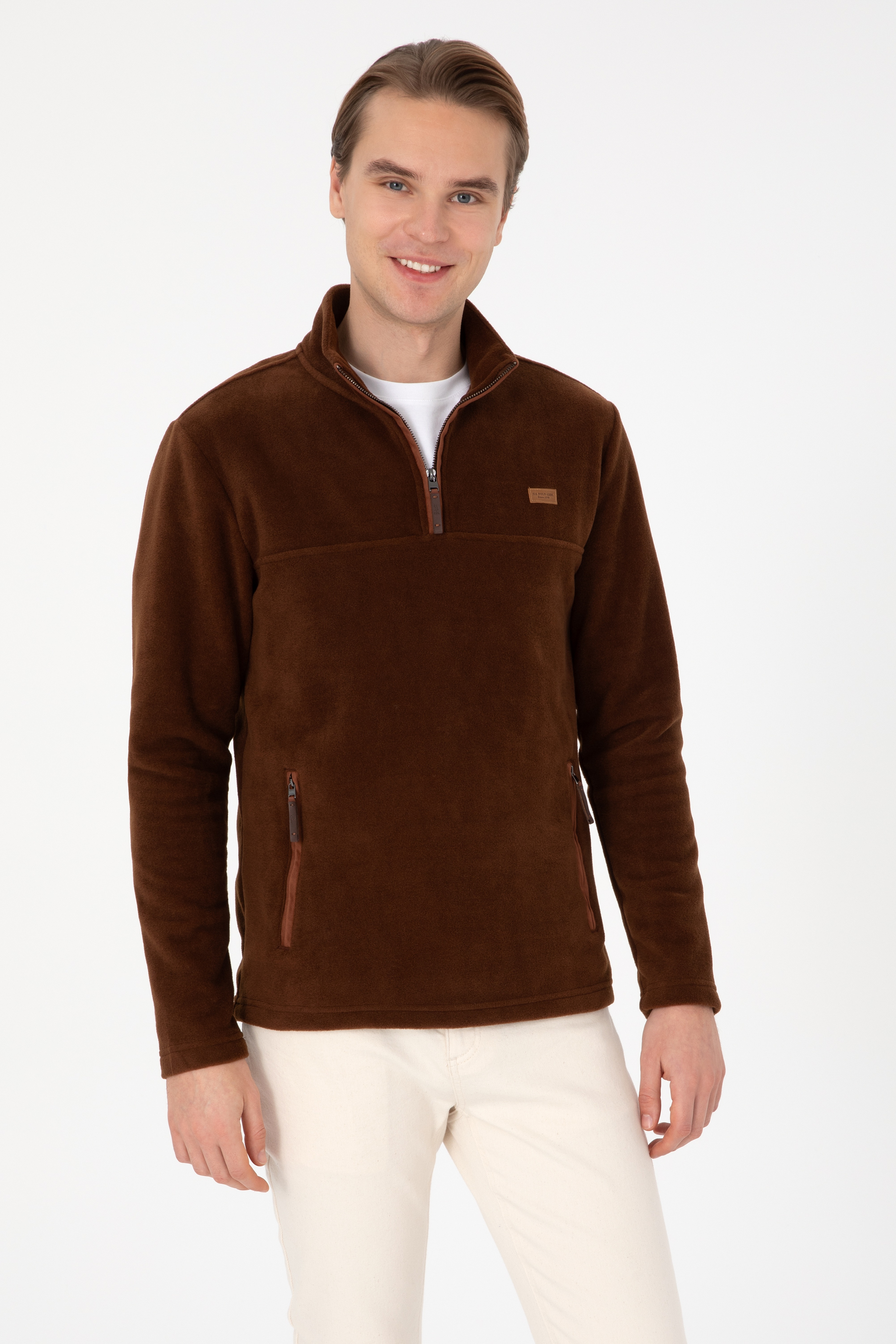 Erkek Regular Fit Yarım Fermuarlı Kahverengi Sweatshirt - Image 1