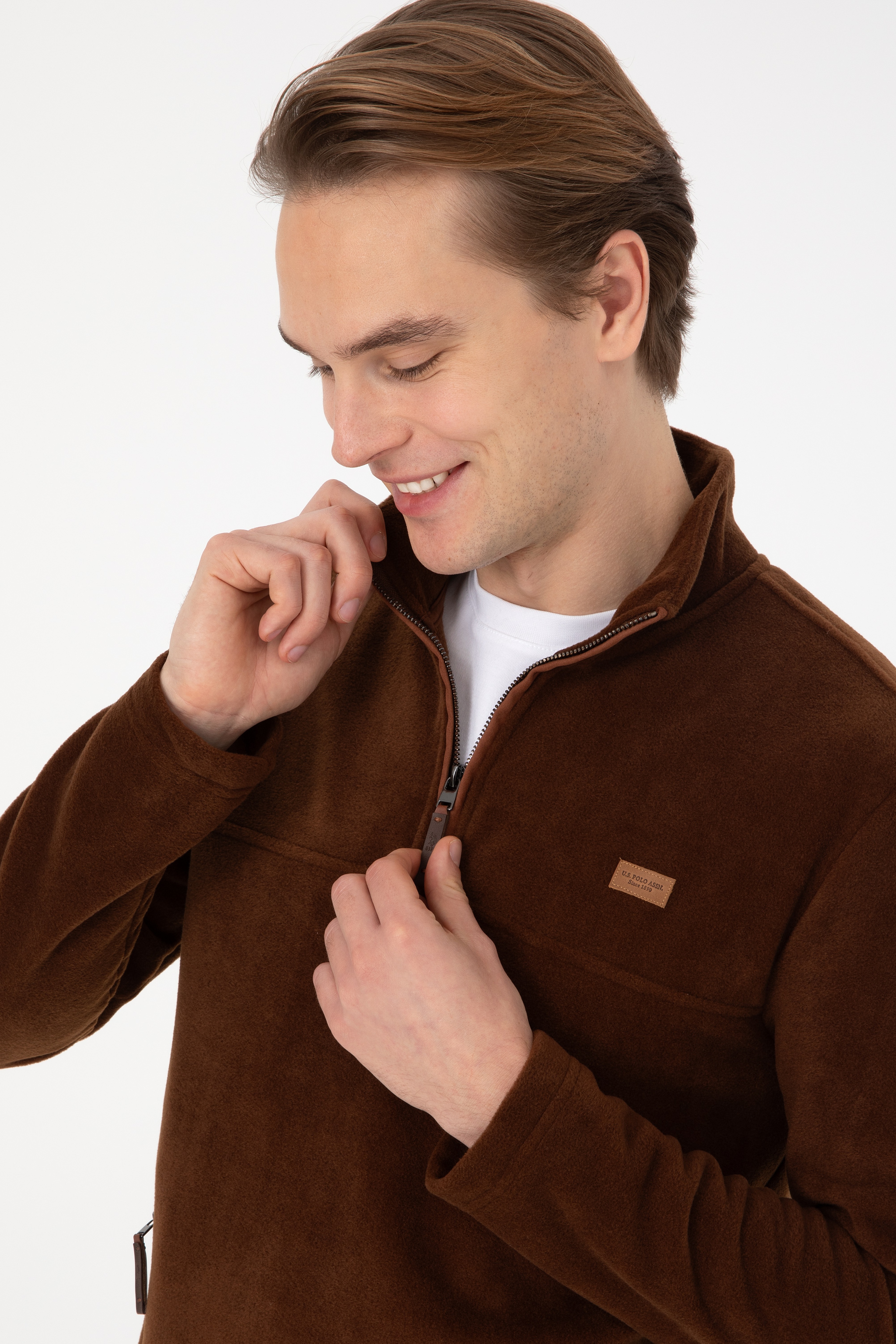 Erkek Regular Fit Yarım Fermuarlı Kahverengi Sweatshirt