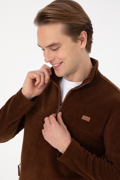 Erkek Regular Fit Yarım Fermuarlı Kahverengi Sweatshirt
