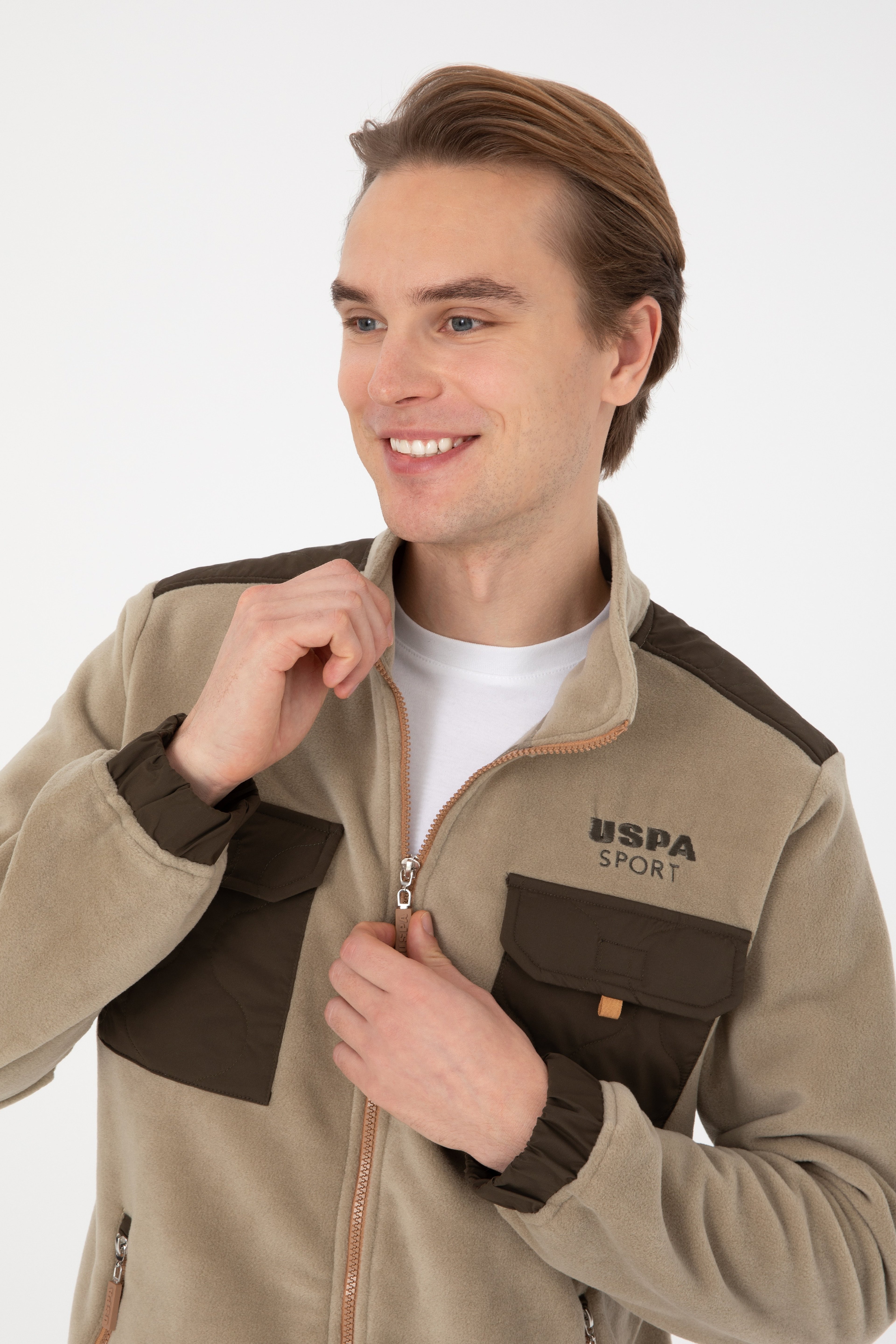 Erkek Regular Fit Açık Haki Fermuarlı Örme Hırka - Image 2