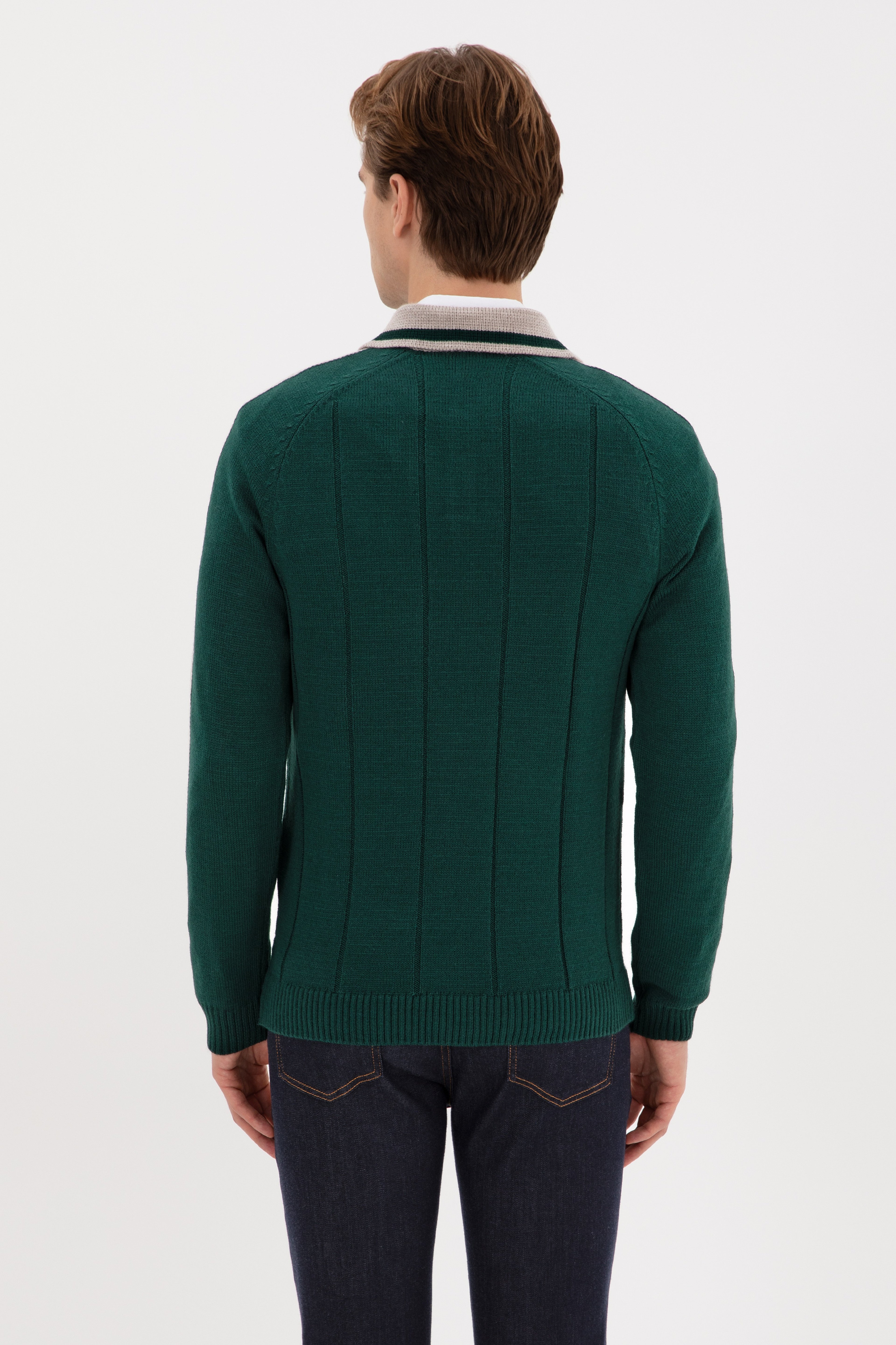 Erkek Regular Fit Polo Yaka Koyu Yeşil Kazak - Image 5