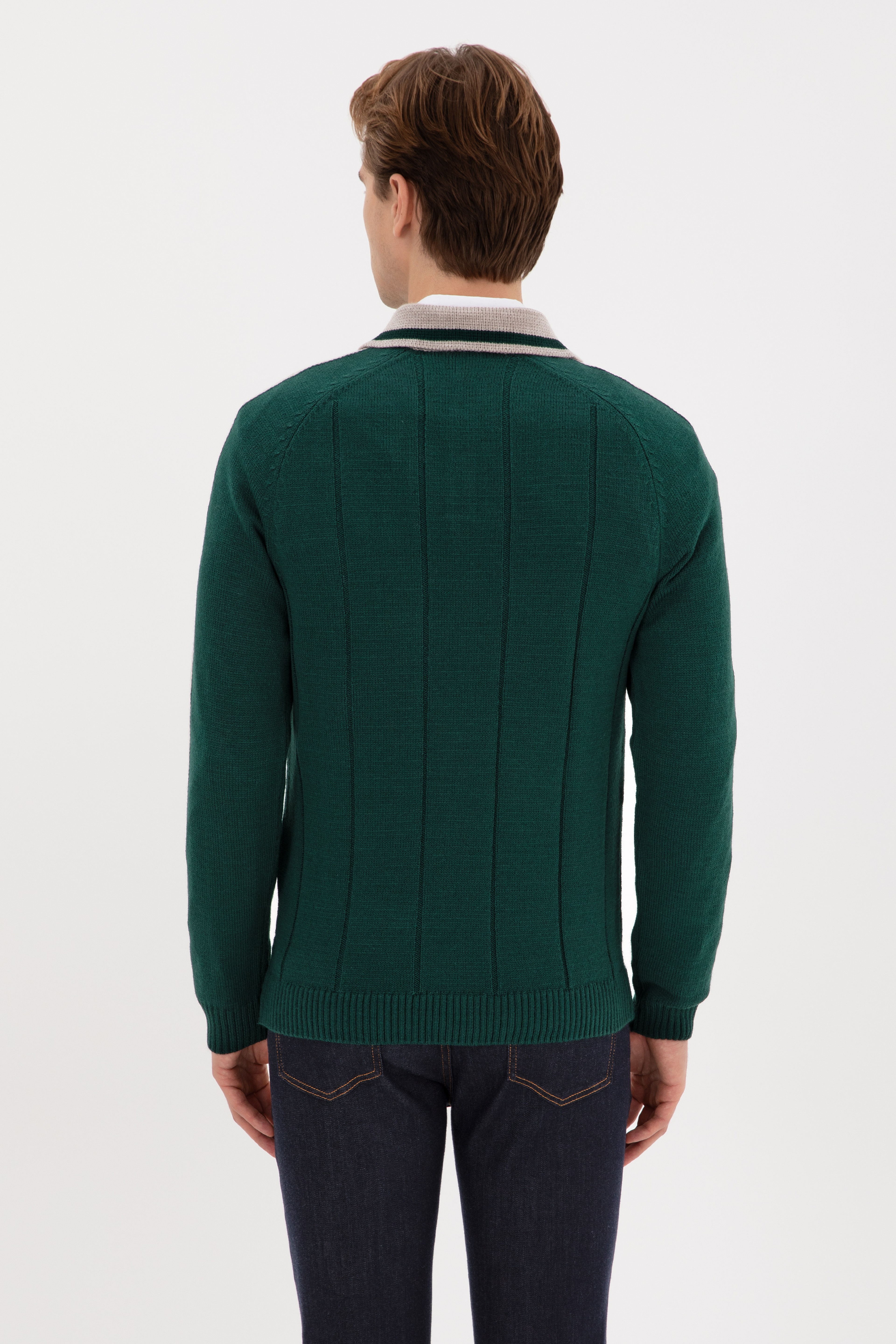Erkek Regular Fit Polo Yaka Koyu Yeşil Kazak