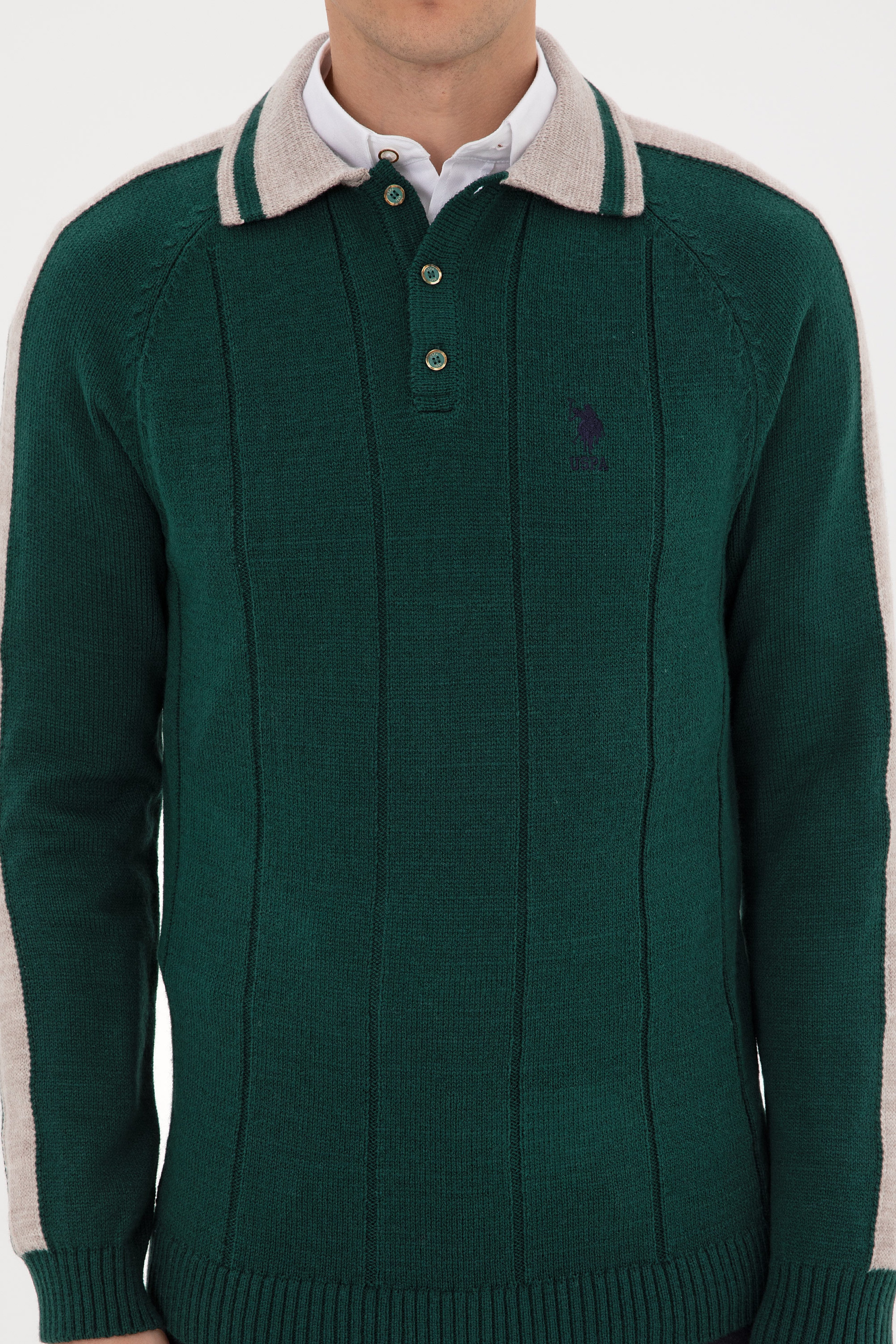 Erkek Regular Fit Polo Yaka Koyu Yeşil Kazak