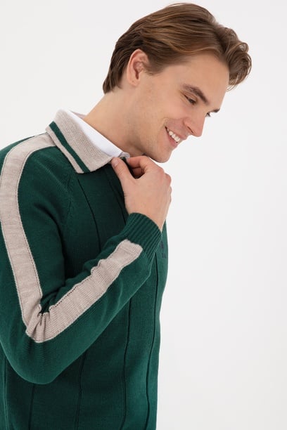 Erkek Regular Fit Polo Yaka Koyu Yeşil Kazak