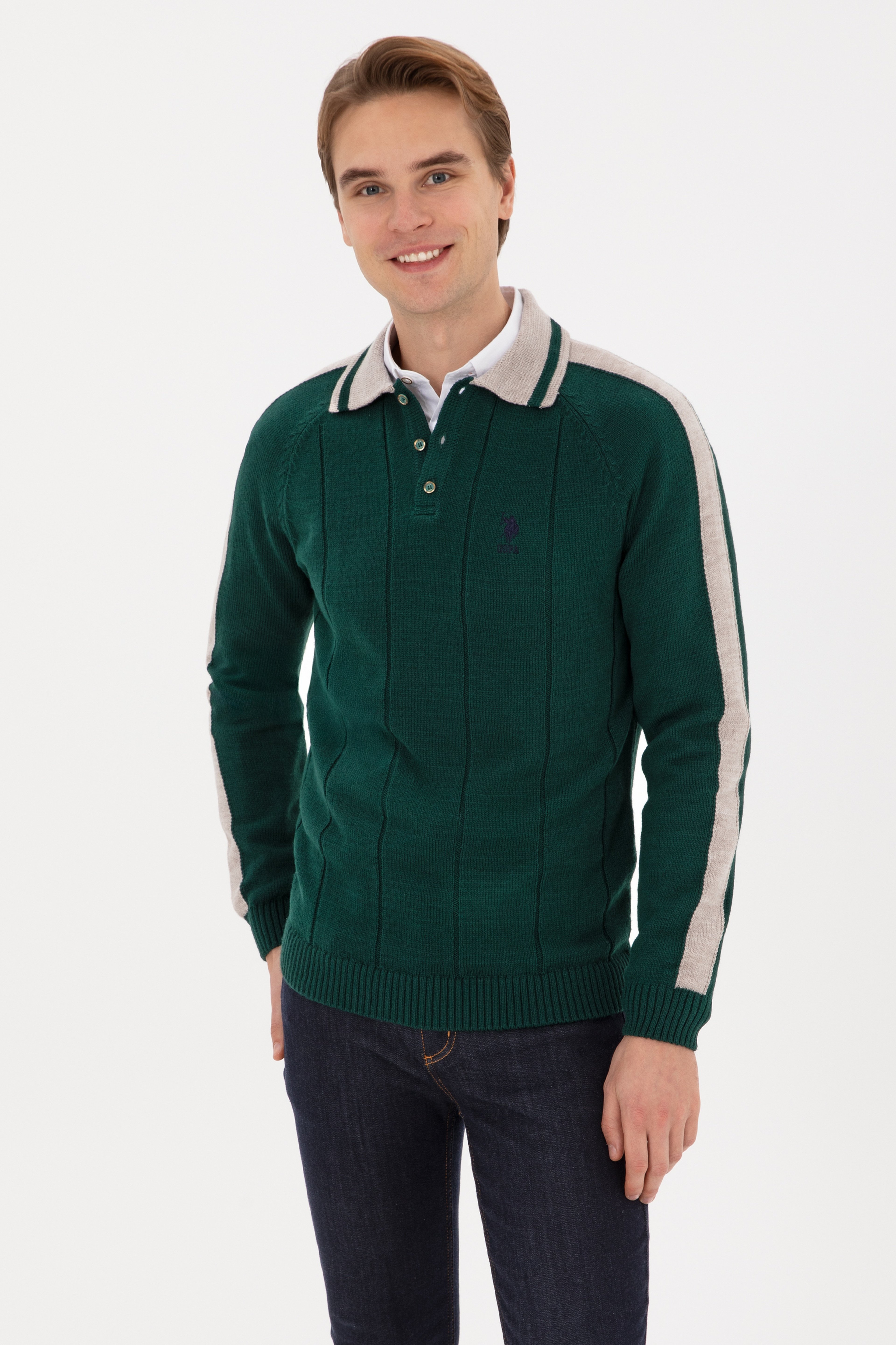 Erkek Regular Fit Polo Yaka Koyu Yeşil Kazak - Image 1